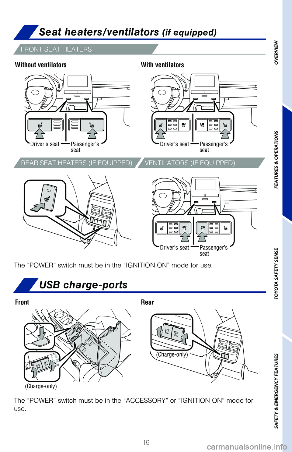 TOYOTA AVALON HYBRID 2020 (in English) Owners Manual 19
FRONT SEAT HEATERS
Seat heaters/ventilators (if equipped)
Without ventilatorsWith ventilators
Driver’s seatPassenger’s
seatPassenger’s
seatDriver’s seat
The “POWER” switch must be in TOYOTA AVALON HYBRID 2020 (in English) Owners Manual 19
FRONT SEAT HEATERS
Seat heaters/ventilators (if equipped)
Without ventilatorsWith ventilators
Driver’s seatPassenger’s
seatPassenger’s
seatDriver’s seat
The “POWER” switch must be in