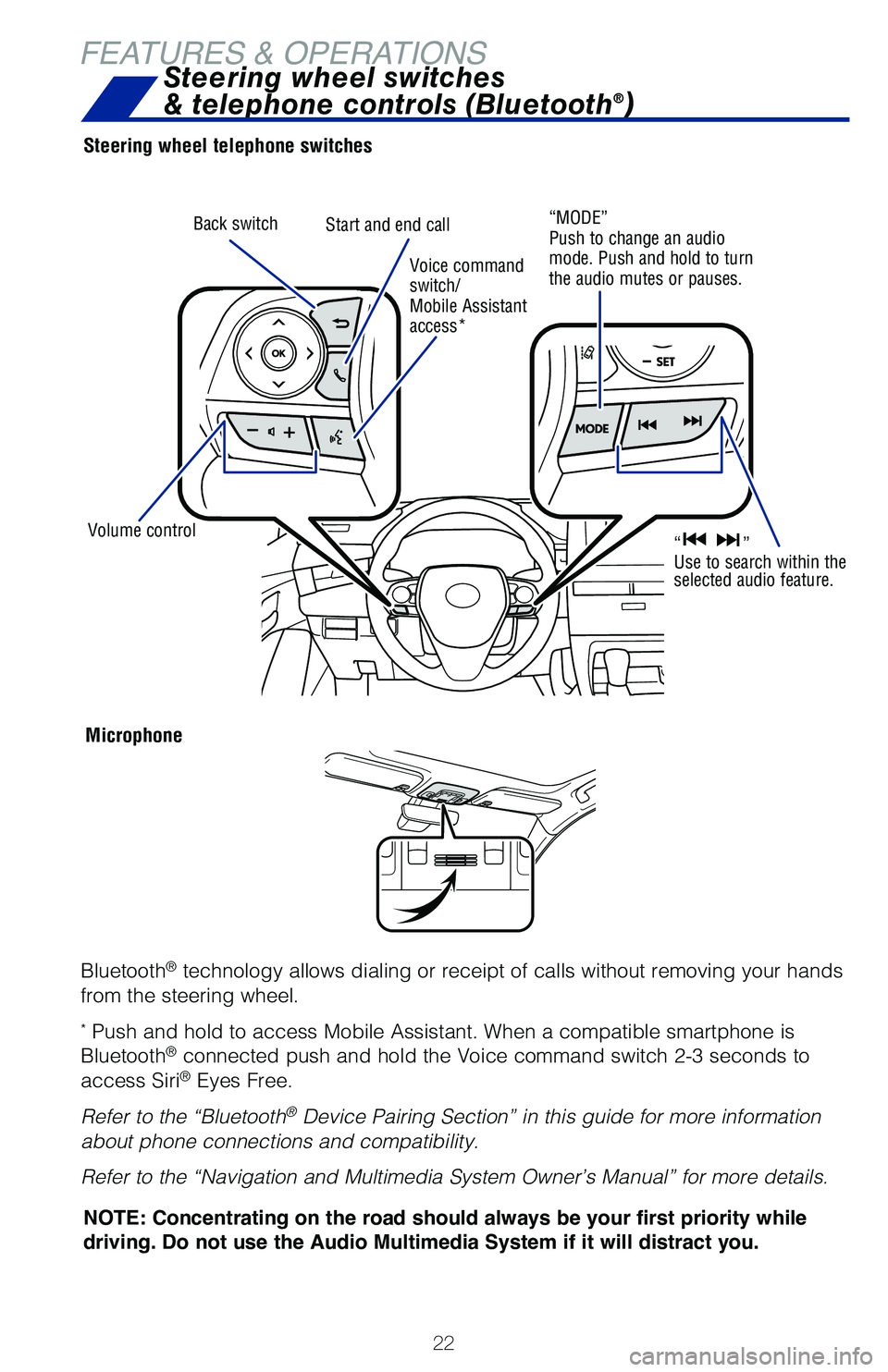 TOYOTA AVALON HYBRID 2020 (in English) Owners Manual 22
FEATURES & OPERATIONS
Steering wheel telephone switches
Microphone
Bluetooth® technology allows dialing or receipt of calls without removing your han\
ds
from the steering wheel.
* Push and hold TOYOTA AVALON HYBRID 2020 (in English) Owners Manual 22
FEATURES & OPERATIONS
Steering wheel telephone switches
Microphone
Bluetooth® technology allows dialing or receipt of calls without removing your han\
ds
from the steering wheel.
* Push and hold