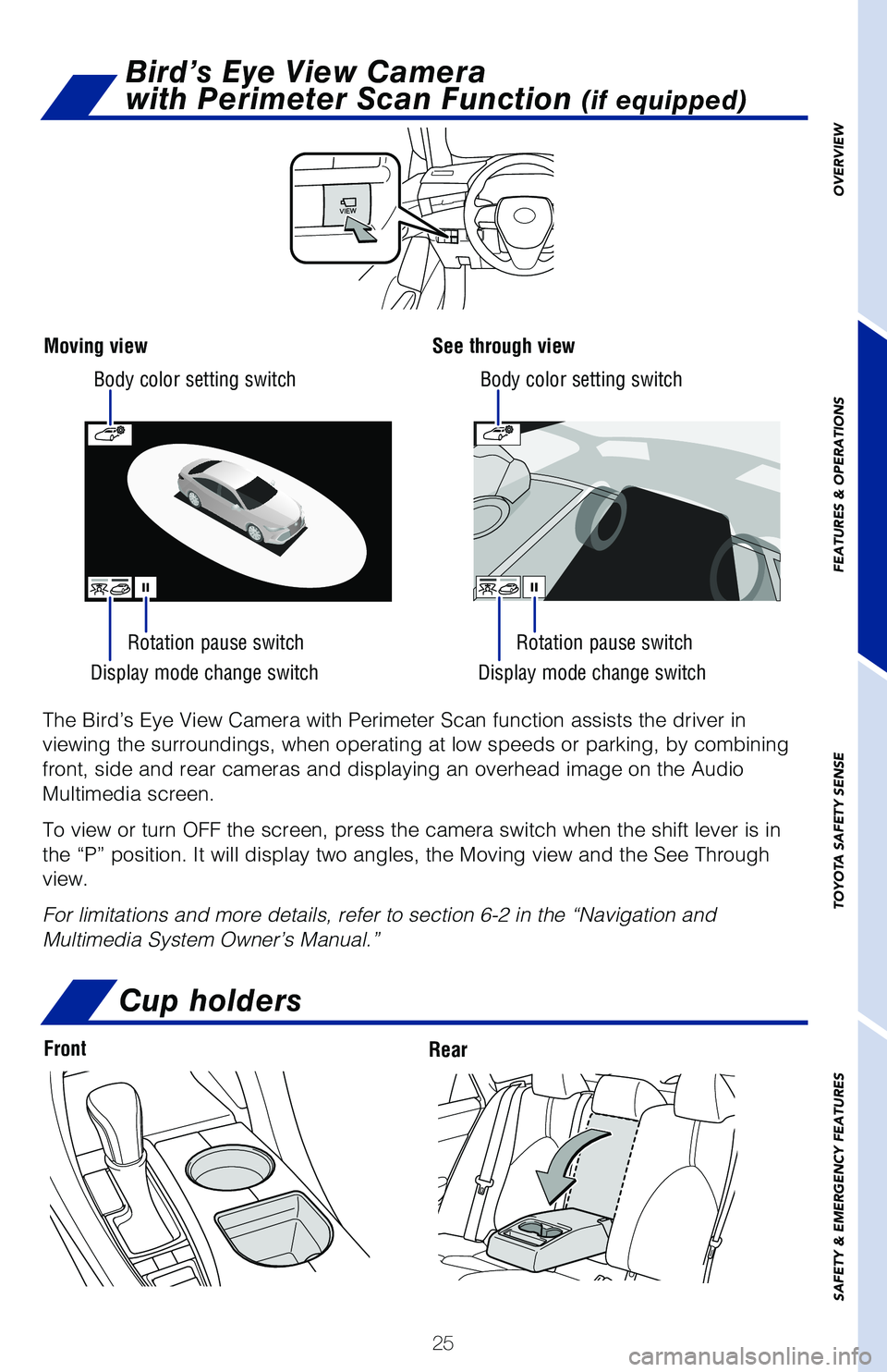 TOYOTA AVALON HYBRID 2020 (in English) Owners Manual 25
Display mode change switch
Display mode change switch
Rotation pause switch
Body color setting switch
Body color setting switch
Rotation pause switch
The Bird’s Eye View Camera with Perimeter Sca TOYOTA AVALON HYBRID 2020 (in English) Owners Manual 25
Display mode change switch
Display mode change switch
Rotation pause switch
Body color setting switch
Body color setting switch
Rotation pause switch
The Bird’s Eye View Camera with Perimeter Sca