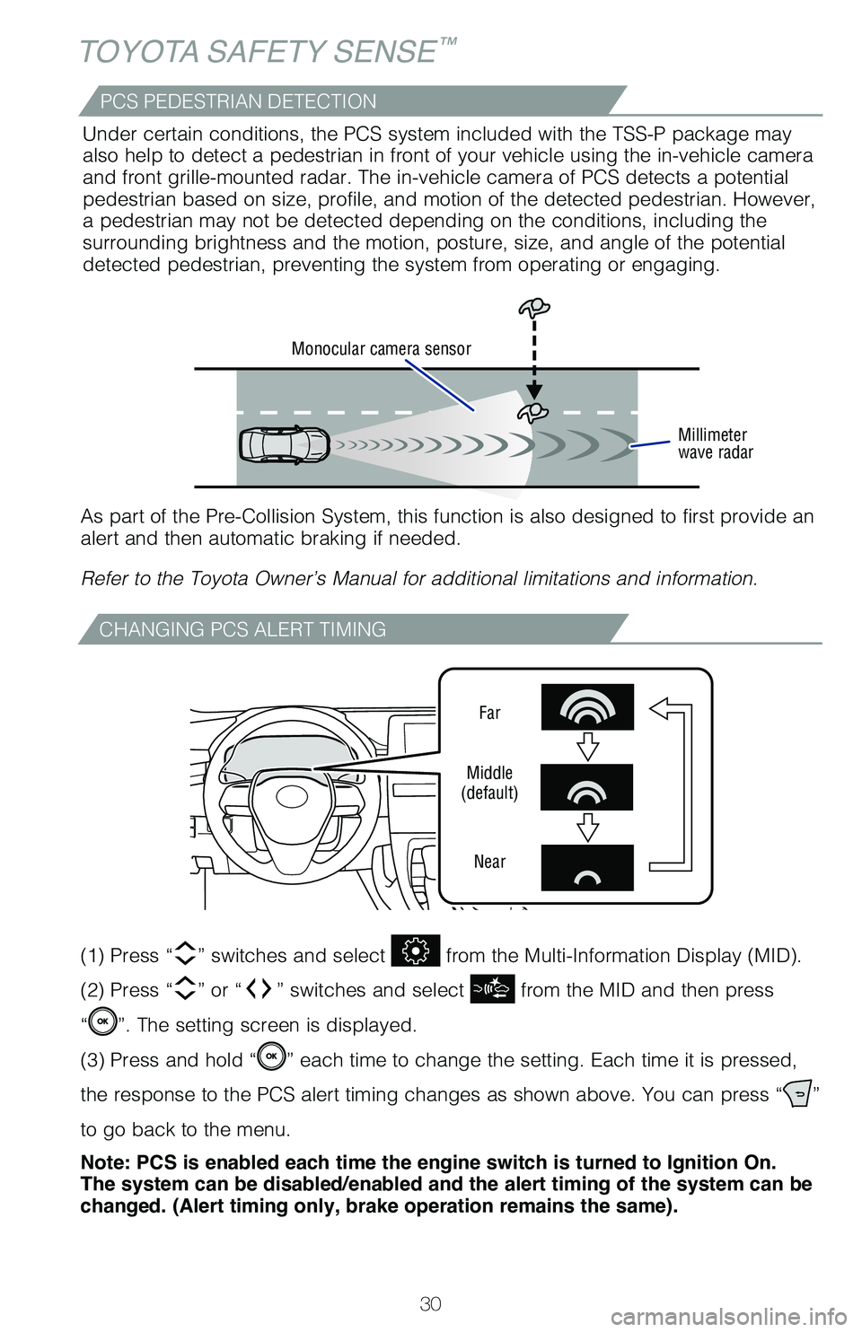 TOYOTA AVALON HYBRID 2020 (in English) Owners Guide 30
TOYOTA SAFETY SENSE™
CHANGING PCS ALERT TIMING
(1) Press “” switches and select from the Multi-Information Display (MID).
(2) Press “
” or “” switches and select from the MID and TOYOTA AVALON HYBRID 2020 (in English) Owners Guide 30
TOYOTA SAFETY SENSE™
CHANGING PCS ALERT TIMING
(1) Press “” switches and select from the Multi-Information Display (MID).
(2) Press “
” or “” switches and select from the MID and