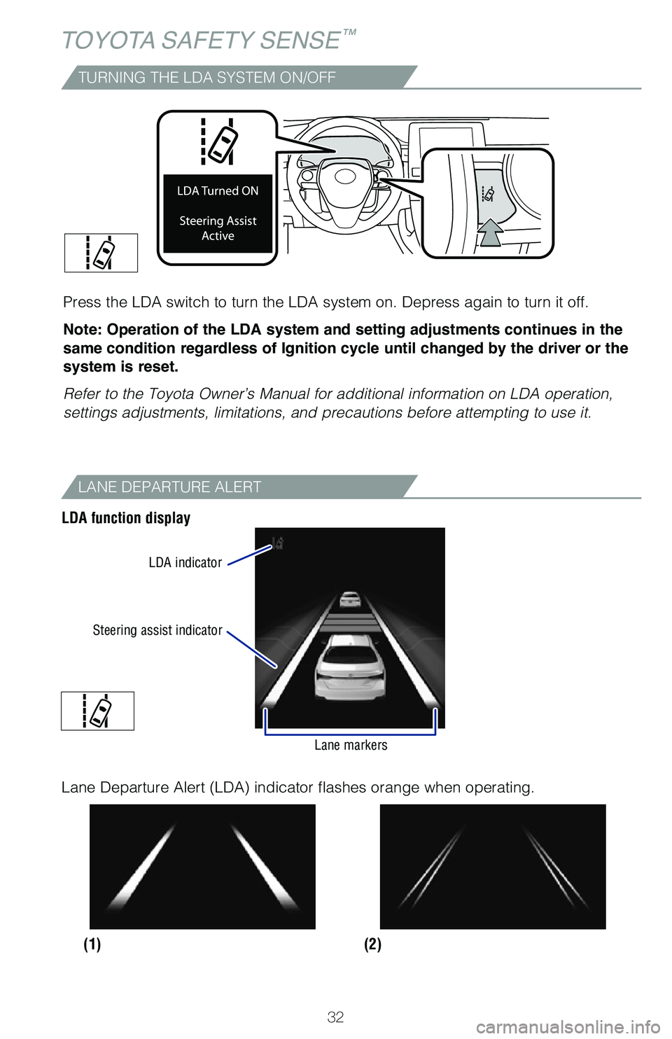 TOYOTA AVALON HYBRID 2020 (in English) Owners Guide 32
TOYOTA SAFETY SENSE™
TURNING THE LDA SYSTEM ON/OFF
Press the LDA switch to turn the LDA system on. Depress again to turn it\
off.
Note: Operation of the LDA system and setting adjustments contin TOYOTA AVALON HYBRID 2020 (in English) Owners Guide 32
TOYOTA SAFETY SENSE™
TURNING THE LDA SYSTEM ON/OFF
Press the LDA switch to turn the LDA system on. Depress again to turn it\
off.
Note: Operation of the LDA system and setting adjustments contin