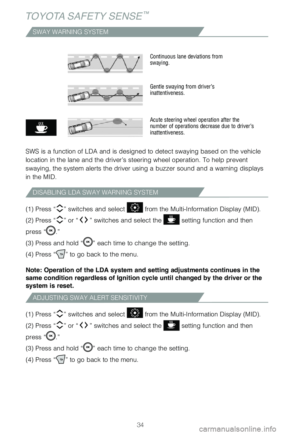 TOYOTA AVALON HYBRID 2020 (in English) Owners Guide 34
TOYOTA SAFETY SENSE™
SWAY WARNING SYSTEM
SWS is a function of LDA and is designed to detect swaying based on the \
vehicle
location in the lane and the driver’s steering wheel operation. To he TOYOTA AVALON HYBRID 2020 (in English) Owners Guide 34
TOYOTA SAFETY SENSE™
SWAY WARNING SYSTEM
SWS is a function of LDA and is designed to detect swaying based on the \
vehicle
location in the lane and the driver’s steering wheel operation. To he