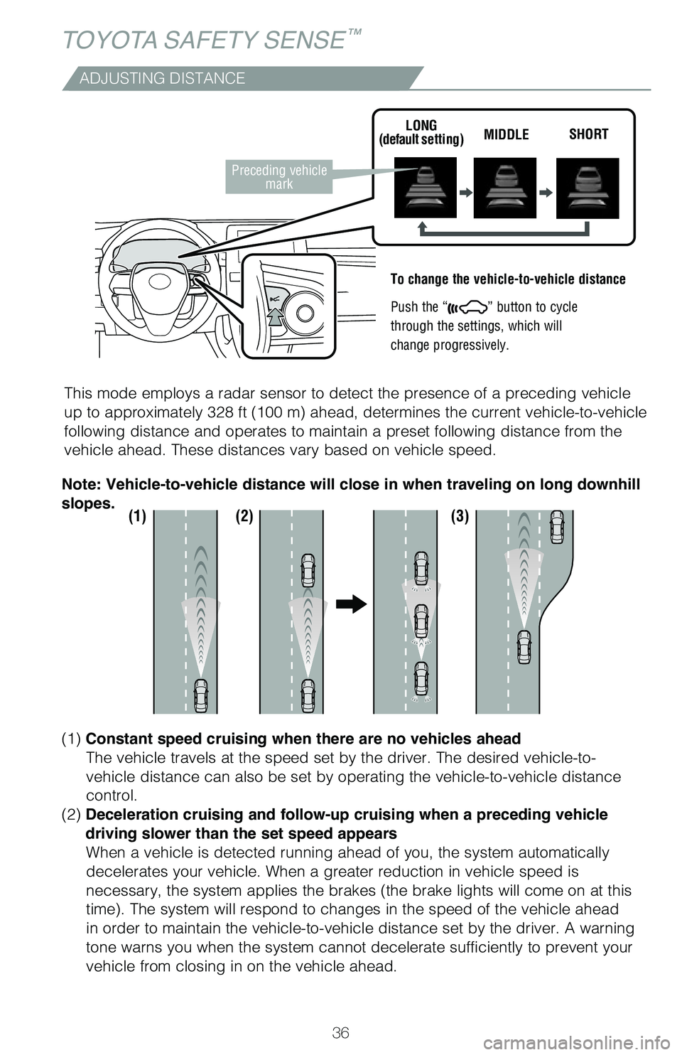 TOYOTA AVALON HYBRID 2020 (in English) Owners Guide 36
TOYOTA SAFETY SENSE™
ADJUSTING DISTANCE
This mode employs a radar sensor to detect the presence of a preceding v\
ehicle
up to approximately 328 ft (100 m) ahead, determines the current vehicle- TOYOTA AVALON HYBRID 2020 (in English) Owners Guide 36
TOYOTA SAFETY SENSE™
ADJUSTING DISTANCE
This mode employs a radar sensor to detect the presence of a preceding v\
ehicle
up to approximately 328 ft (100 m) ahead, determines the current vehicle-