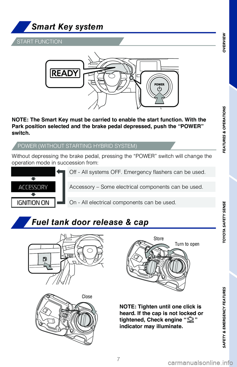 TOYOTA AVALON HYBRID 2020  Owners Manual (in English) 7
Smart Key system
Fuel tank door release & cap
Without depressing the brake pedal, pressing the “POWER” switch wi\
ll change the 
operation mode in succession from:
NOTE: The Smart Key must be ca