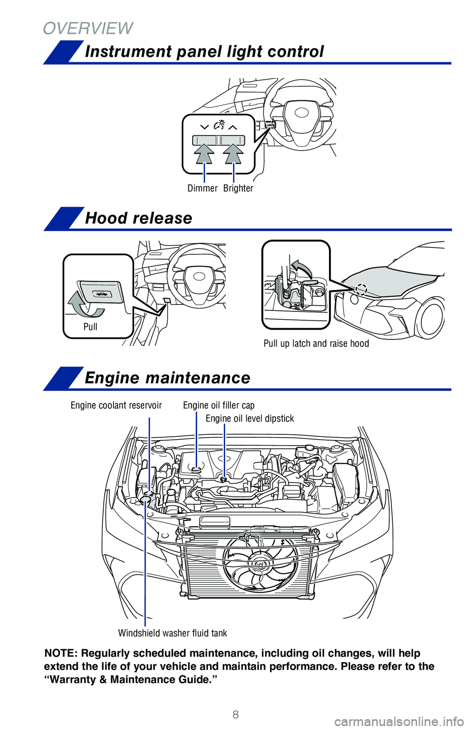 TOYOTA AVALON HYBRID 2020 Owners Manual (in English) 8
OVERVIEW
NOTE: Regularly scheduled maintenance, including oil changes, will help
extend the life of your vehicle and maintain performance. Please refer to the
“Warranty & Maintenance Guide.”
TOYOTA AVALON HYBRID 2020 Owners Manual (in English) 8
OVERVIEW
NOTE: Regularly scheduled maintenance, including oil changes, will help
extend the life of your vehicle and maintain performance. Please refer to the
“Warranty & Maintenance Guide.”