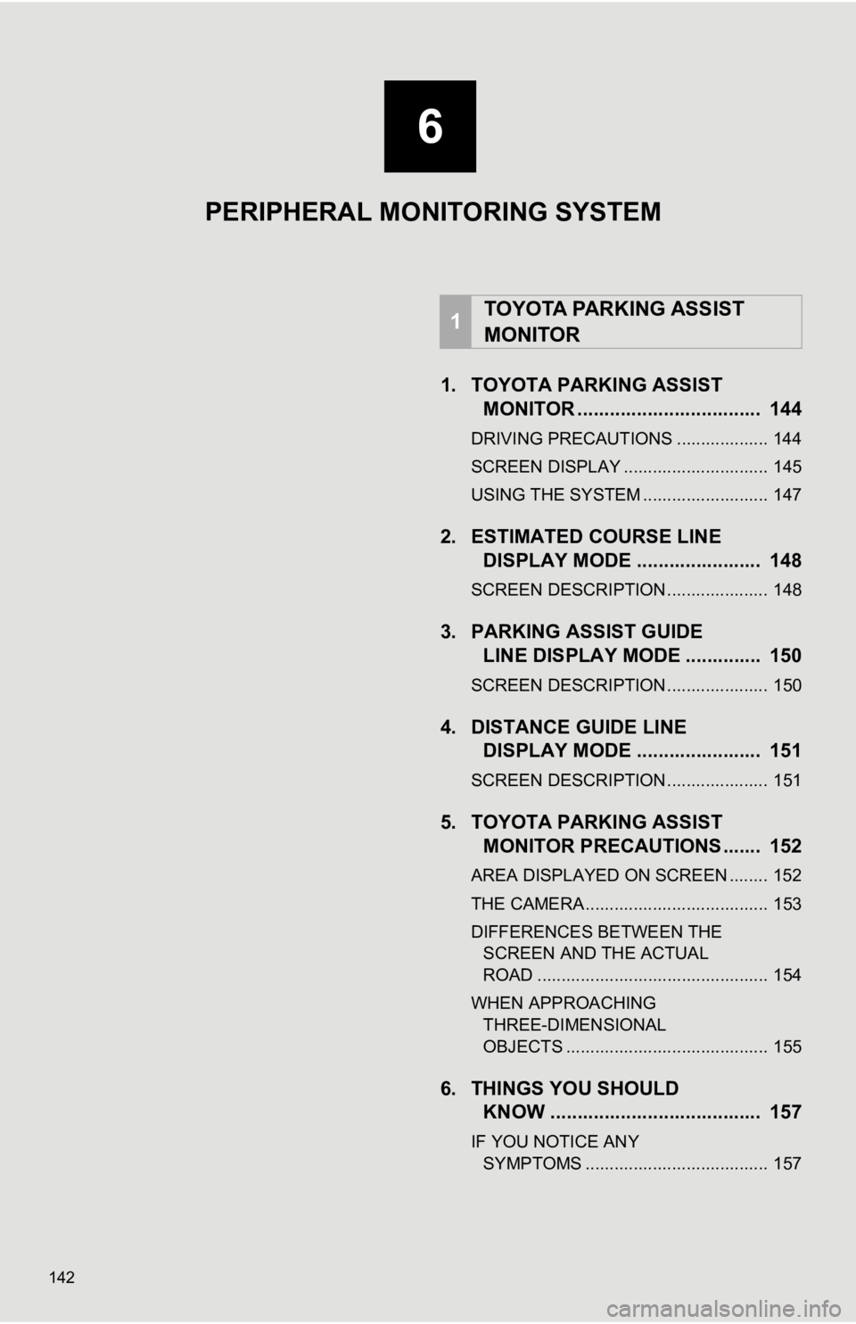 TOYOTA AVALON HYBRID 2020  Accessories, Audio & Navigation (in English) 142
1. TOYOTA PARKING ASSISTMONITOR ..................................  144
DRIVING PRECAUTIONS ................... 144
SCREEN DISPLAY .............................. 145
USING THE SYSTEM .............