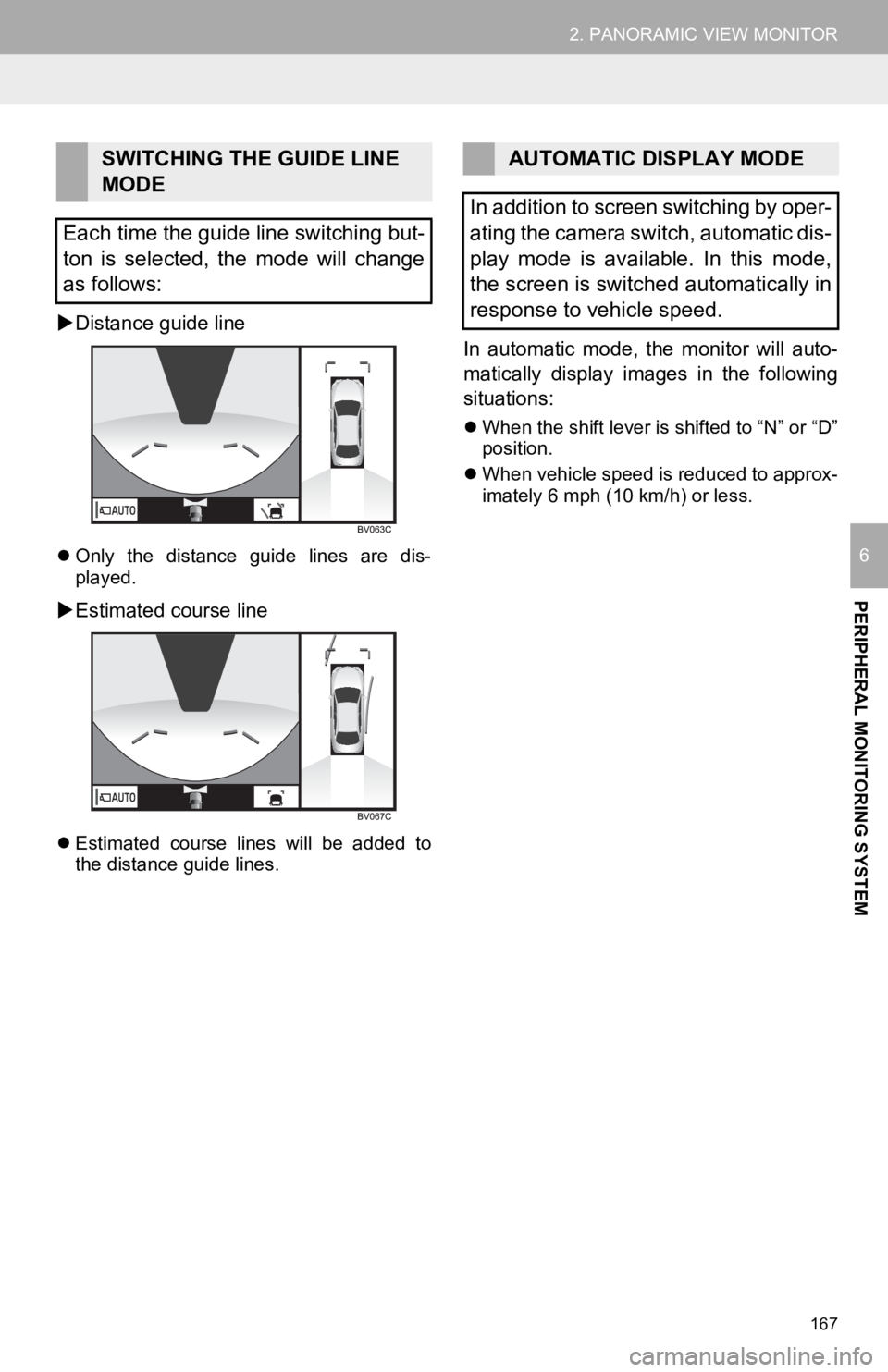 TOYOTA AVALON HYBRID 2020 Accessories, Audio & Navigation (in English) 167
2. PANORAMIC VIEW MONITOR
PERIPHERAL MONITORING SYSTEM
6
Distance guide line
Only the distance guide lines are dis-
played.
Estimated course line
Estimated course lines will TOYOTA AVALON HYBRID 2020 Accessories, Audio & Navigation (in English) 167
2. PANORAMIC VIEW MONITOR
PERIPHERAL MONITORING SYSTEM
6
Distance guide line
Only the distance guide lines are dis-
played.
Estimated course line
Estimated course lines will