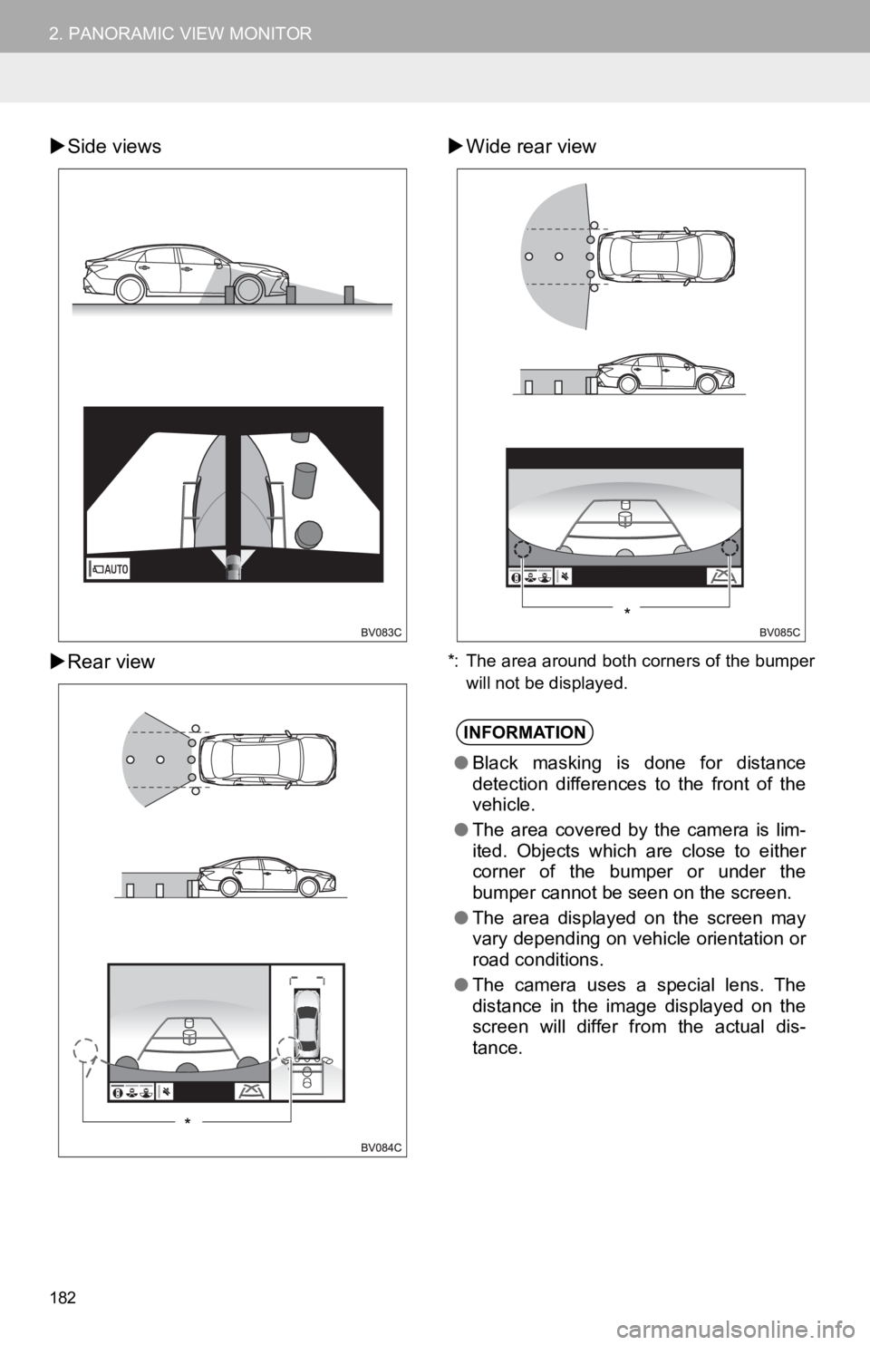 TOYOTA AVALON HYBRID 2020 Accessories, Audio & Navigation (in English) 182
2. PANORAMIC VIEW MONITOR
Side views
Rear view
Wide rear view
*: The area around both corners of the bumper
will not be displayed.
*
INFORMATION
●Black masking is done for distan TOYOTA AVALON HYBRID 2020 Accessories, Audio & Navigation (in English) 182
2. PANORAMIC VIEW MONITOR
Side views
Rear view
Wide rear view
*: The area around both corners of the bumper
will not be displayed.
*
INFORMATION
●Black masking is done for distan