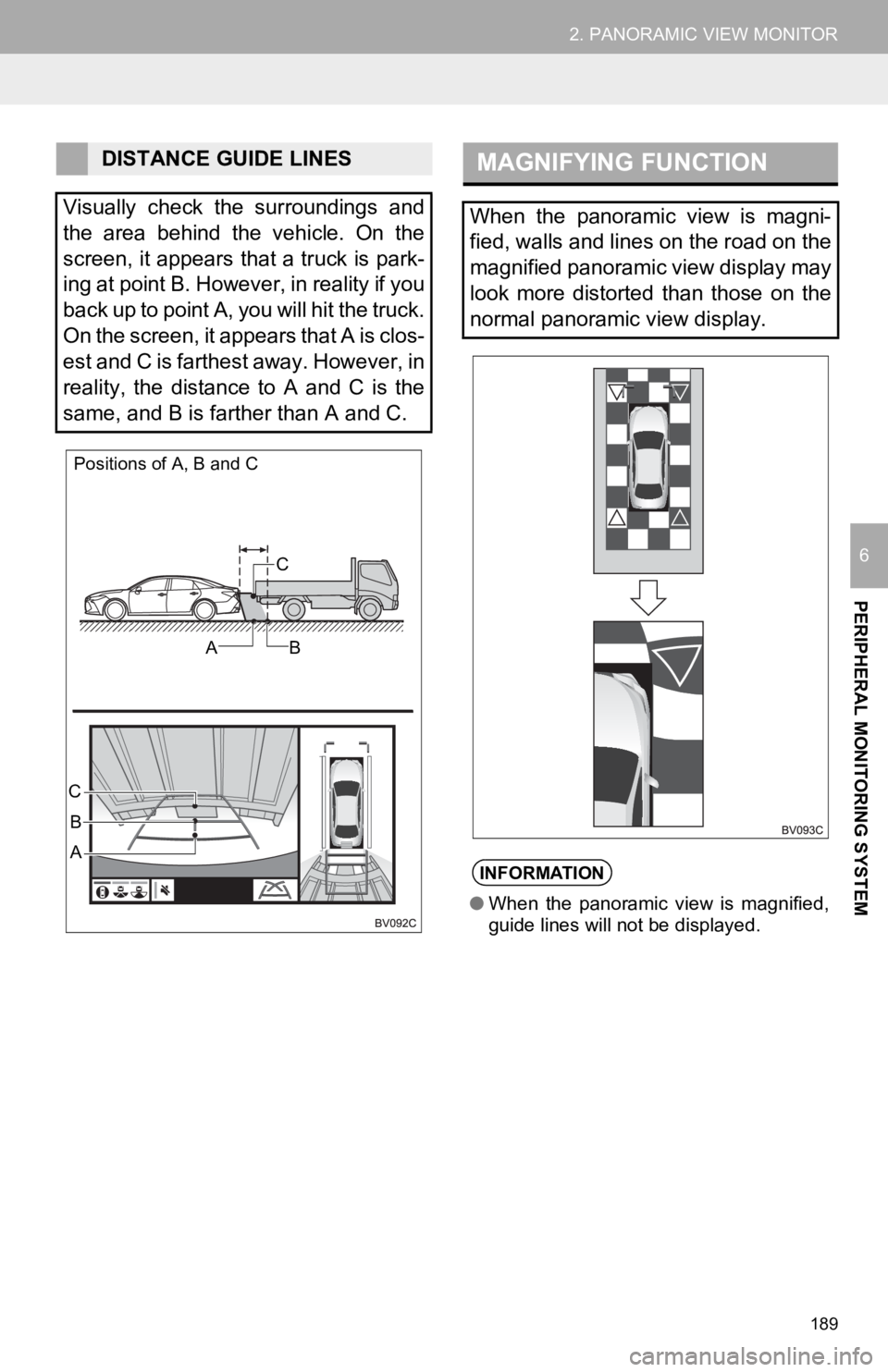 TOYOTA AVALON HYBRID 2020 Accessories, Audio & Navigation (in English) 189
2. PANORAMIC VIEW MONITOR
PERIPHERAL MONITORING SYSTEM
6
DISTANCE GUIDE LINES
Visually check the surroundings and
the area behind the vehicle. On the
screen, it appears that a truck is p TOYOTA AVALON HYBRID 2020 Accessories, Audio & Navigation (in English) 189
2. PANORAMIC VIEW MONITOR
PERIPHERAL MONITORING SYSTEM
6
DISTANCE GUIDE LINES
Visually check the surroundings and
the area behind the vehicle. On the
screen, it appears that a truck is p