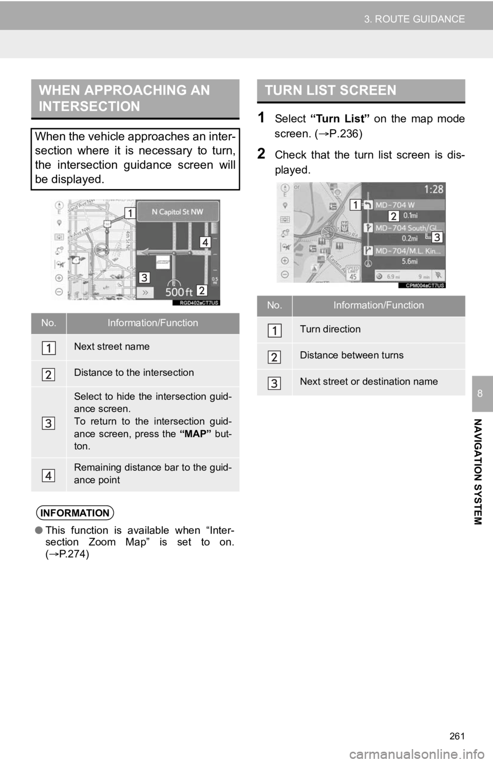 TOYOTA AVALON HYBRID 2020 Accessories, Audio & Navigation (in English) 261
3. ROUTE GUIDANCE
NAVIGATION SYSTEM
8
1Select “Turn List” on the map mode
screen. ( P.236)
2Check that the turn list screen is dis-
played.
WHEN APPROACHING AN
INTERSECTION
Wh TOYOTA AVALON HYBRID 2020 Accessories, Audio & Navigation (in English) 261
3. ROUTE GUIDANCE
NAVIGATION SYSTEM
8
1Select “Turn List” on the map mode
screen. ( P.236)
2Check that the turn list screen is dis-
played.
WHEN APPROACHING AN
INTERSECTION
Wh