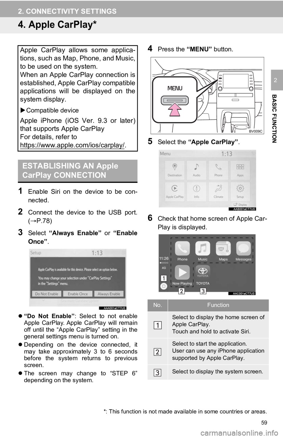TOYOTA AVALON HYBRID 2020 Accessories, Audio & Navigation (in English) 59
2. CONNECTIVITY SETTINGS
BASIC FUNCTION
2
4. Apple CarPlay*
1Enable Siri on the device to be con-
nected.
2Connect the device to the USB port.
(P.78)
3Select “Always Enable” o TOYOTA AVALON HYBRID 2020 Accessories, Audio & Navigation (in English) 59
2. CONNECTIVITY SETTINGS
BASIC FUNCTION
2
4. Apple CarPlay*
1Enable Siri on the device to be con-
nected.
2Connect the device to the USB port.
(P.78)
3Select “Always Enable” o