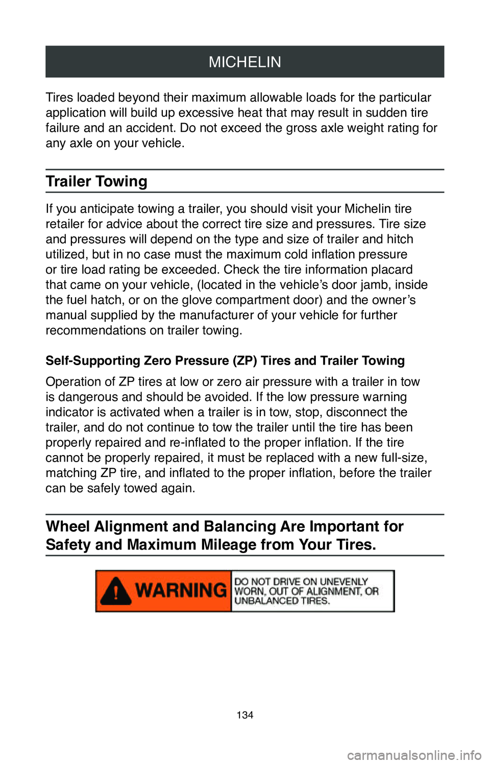 TOYOTA AVALON HYBRID 2020  Warranties & Maintenance Guides (in English) MICHELIN
134
Tires loaded beyond their maximum allowable loads for the particular 
application will build up excessive heat that may result in sudden tire \
failure and an accident. Do not exceed the