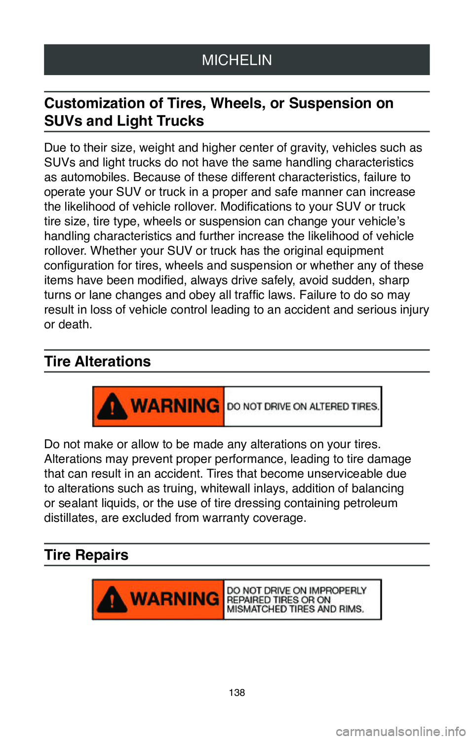 TOYOTA AVALON HYBRID 2020  Warranties & Maintenance Guides (in English) MICHELIN
138
Customization of Tires, Wheels, or Suspension on 
SUVs and Light Trucks
Due to their size, weight and higher center of gravity, vehicles such as 
SUVs and light trucks do not have the sam