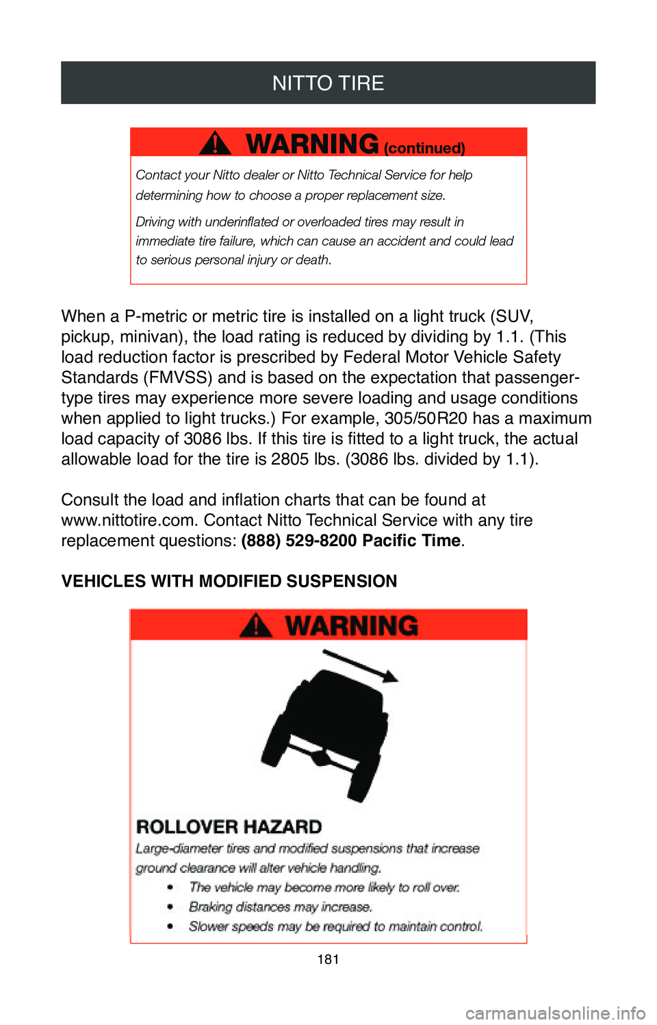 TOYOTA AVALON HYBRID 2020  Warranties & Maintenance Guides (in English) NITTO TIRE
181
When a P-metric or metric tire is installed on a light truck (SUV, 
pickup, minivan), the load rating is reduced by dividing by 1.1. (This 
load reduction factor is prescribed by Federa