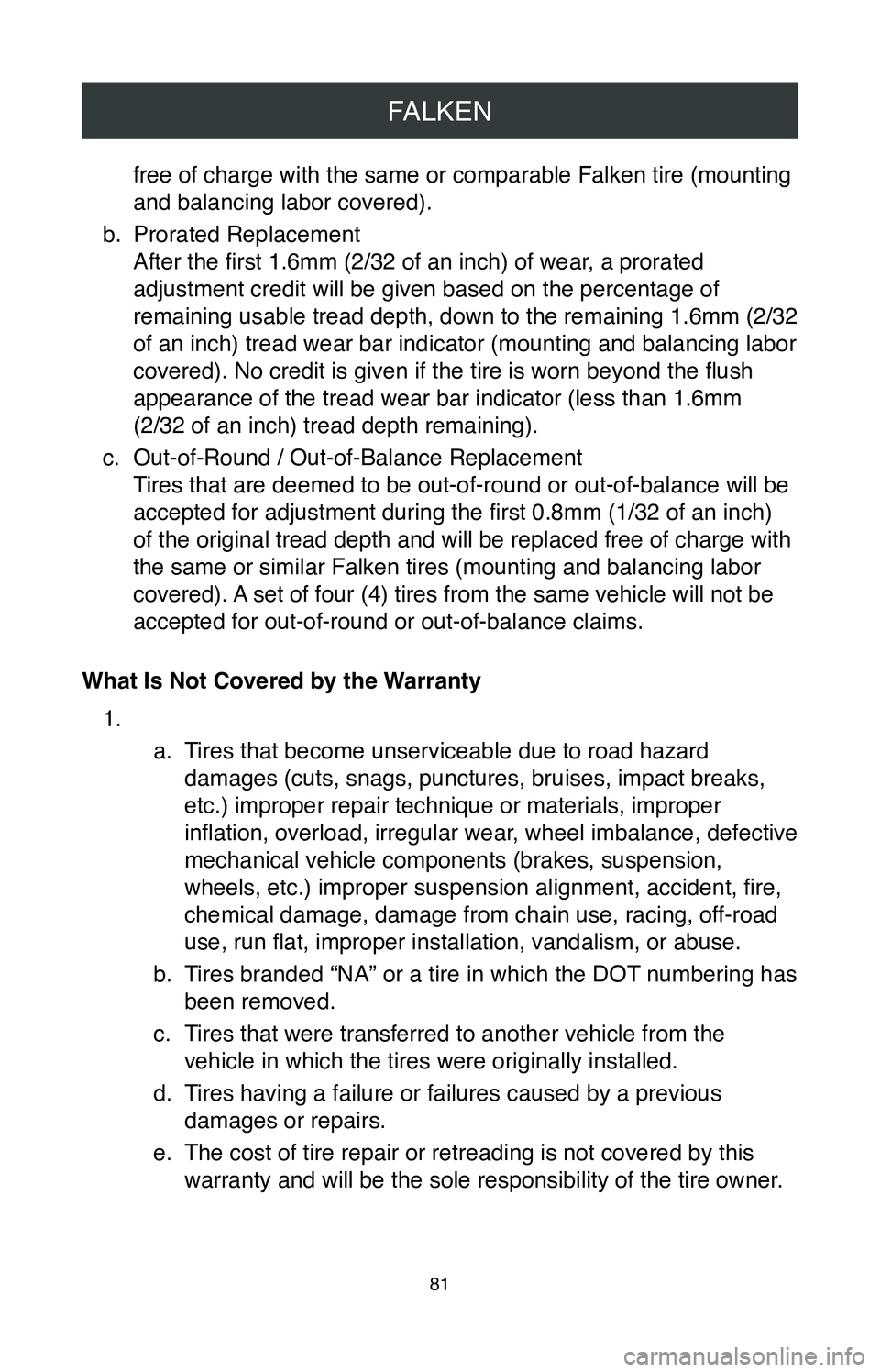TOYOTA AVALON HYBRID 2020  Warranties & Maintenance Guides (in English) FALKEN
81
free of charge with the same or comparable Falken tire (mounting 
and balancing labor covered).
b.
 Prorated Replacement 
After the first 1.6mm (2/32 of an inch) of wear, a prorated 
adjustm