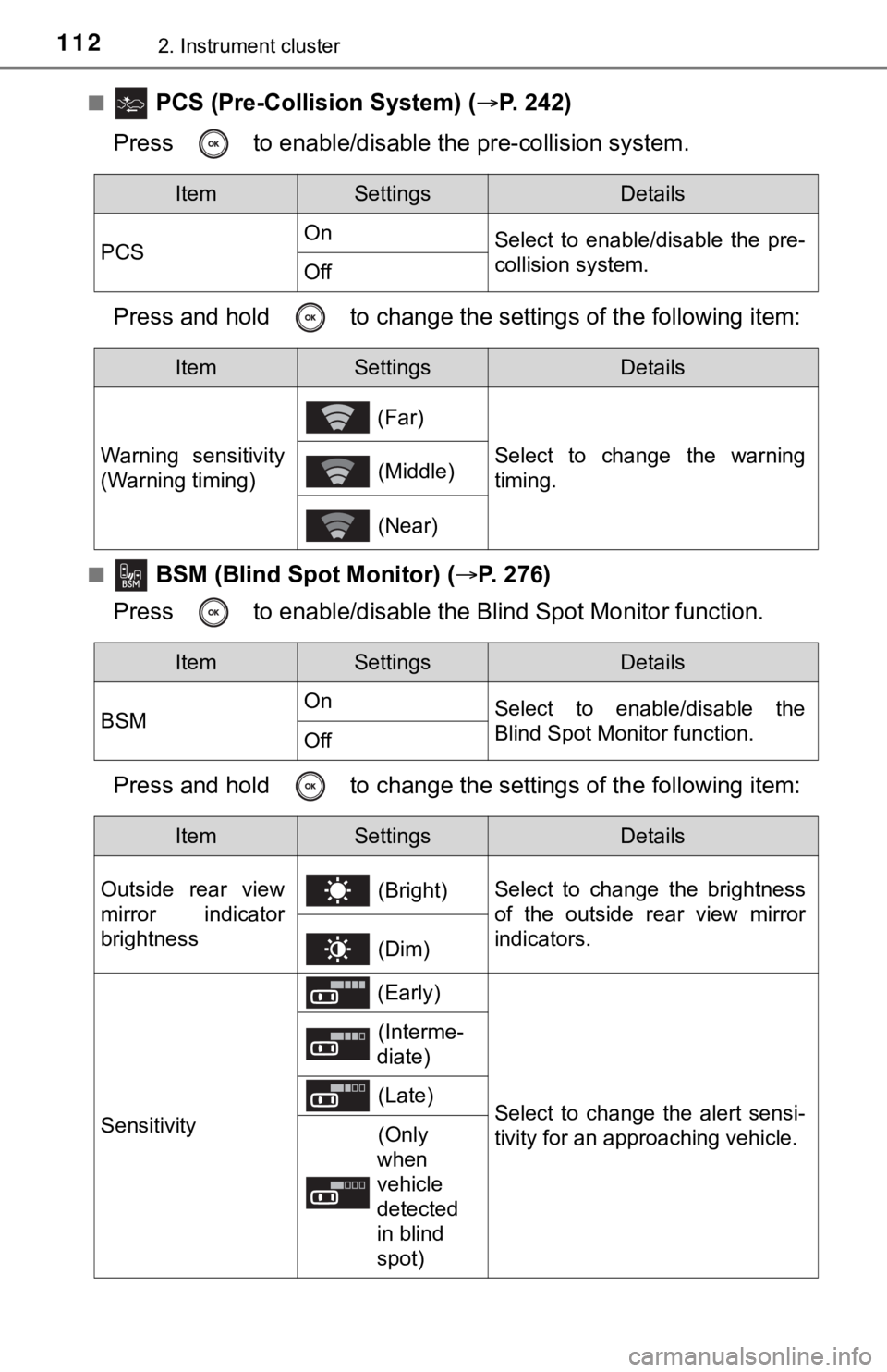 TOYOTA AVALON HYBRID 2021 Owners Manual (in English) 1122. Instrument cluster
■ PCS (Pre-Collision System) (P. 242)
Press to enable/disable the pre-collision system.
Press and hold to change the settings of the following item:
■ BSM (Blind Sp TOYOTA AVALON HYBRID 2021 Owners Manual (in English) 1122. Instrument cluster
■ PCS (Pre-Collision System) (P. 242)
Press to enable/disable the pre-collision system.
Press and hold to change the settings of the following item:
■ BSM (Blind Sp