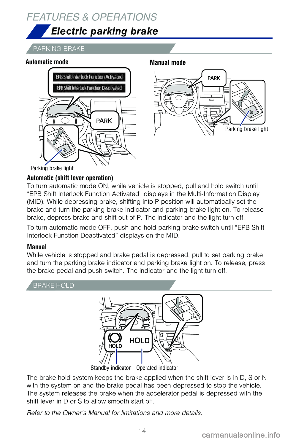 TOYOTA AVALON HYBRID 2021 (in English) User Guide 14
Electric parking brake
Standby indicatorOperated indicator
Parking brake light
Driver sideAutomatic modeManual mode
Automatic (shift lever operation)
To turn automatic mode ON, while vehicle is sto TOYOTA AVALON HYBRID 2021 (in English) User Guide 14
Electric parking brake
Standby indicatorOperated indicator
Parking brake light
Driver sideAutomatic modeManual mode
Automatic (shift lever operation)
To turn automatic mode ON, while vehicle is sto