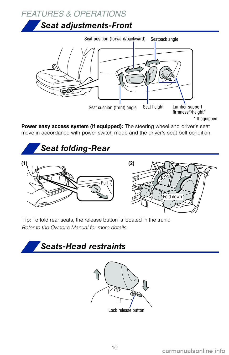 TOYOTA AVALON HYBRID 2021 (in English) User Guide 16
Seats-Head restraints
Seat adjustments-Front
FEATURES & OPERATIONS
Seat position (forward/backward)Seat cushion (front) angle Seat height Lumber support
firmness*/height*
Seatback angle
Lock relea TOYOTA AVALON HYBRID 2021 (in English) User Guide 16
Seats-Head restraints
Seat adjustments-Front
FEATURES & OPERATIONS
Seat position (forward/backward)Seat cushion (front) angle Seat height Lumber support
firmness*/height*
Seatback angle
Lock relea