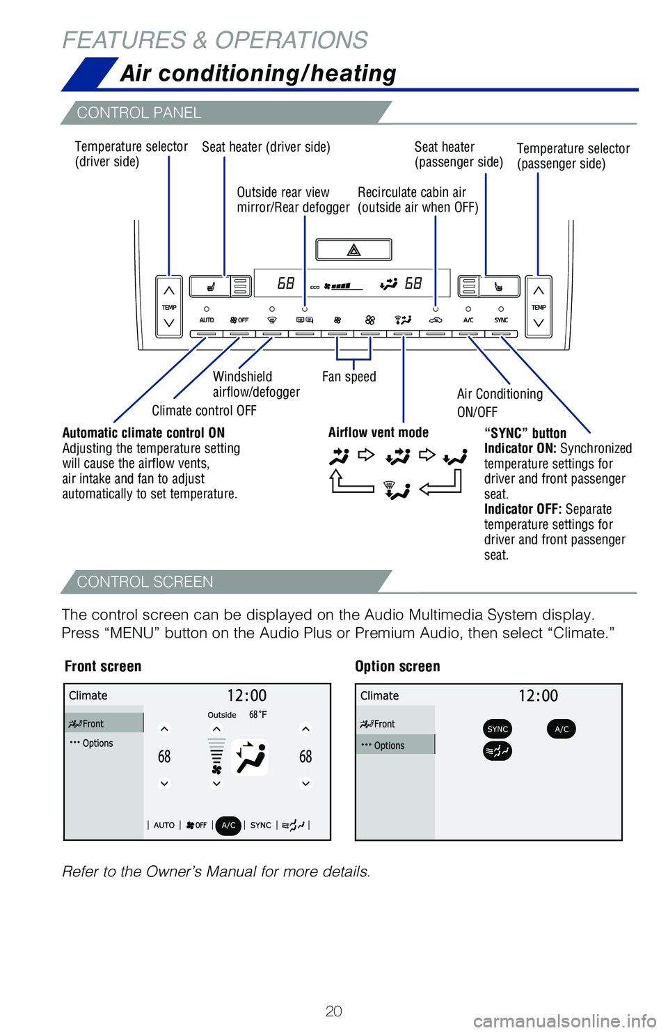 TOYOTA AVALON HYBRID 2021   (in English) Owners Manual 20
FEATURES & OPERATIONS
CONTROL PANEL
CONTROL SCREEN
Air conditioning/heating
Temperature selector 
(driver side)Seat heater (driver side)
Seat heater  
(passenger side)
Windshield 
airflow/defogger 