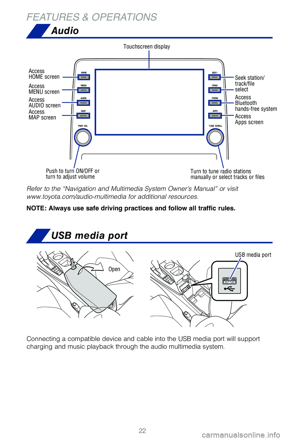 TOYOTA AVALON HYBRID 2021  Owners Manual (in English) 22
FEATURES & OPERATIONS
Audio
Touchscreen display
Access  
AUDIO screen
Push to turn ON/OFF or 
turn to adjust volume Turn to tune radio stations 
manually or select tracks or filesAccess  
Bluetooth