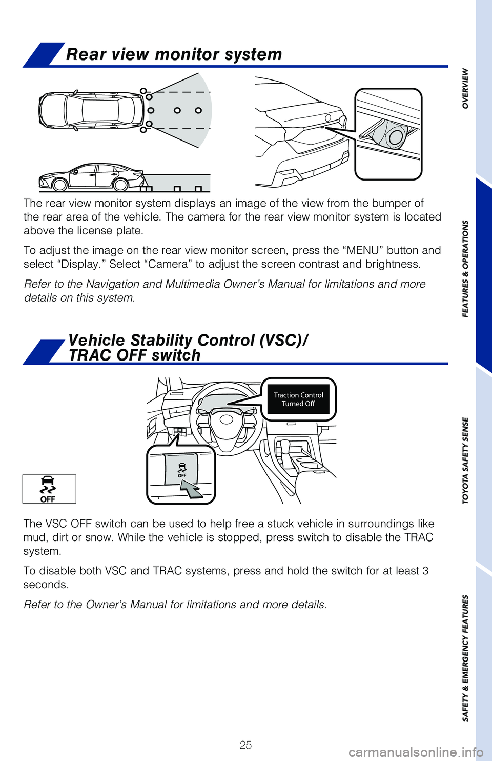 TOYOTA AVALON HYBRID 2021  Owners Manual (in English) 25
OVERVIEW
FEATURES & OPERATIONS
TOYOTA SAFETY SENSE
SAFETY & EMERGENCY FEATURES
Rear view monitor system
The rear view monitor system displays an image of the view from the bump\
er of 
the rear are