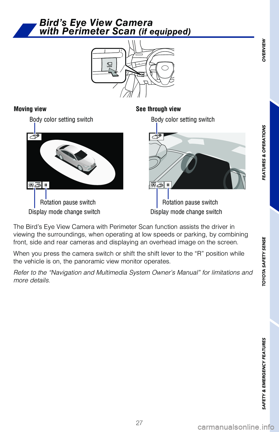 TOYOTA AVALON HYBRID 2021   (in English) Owners Manual 27
Display mode change switch
Display mode change switch
Rotation pause switch
Body color setting switch
Body color setting switch
Rotation pause switch
The Bird’s Eye View Camera with Perimeter Sca