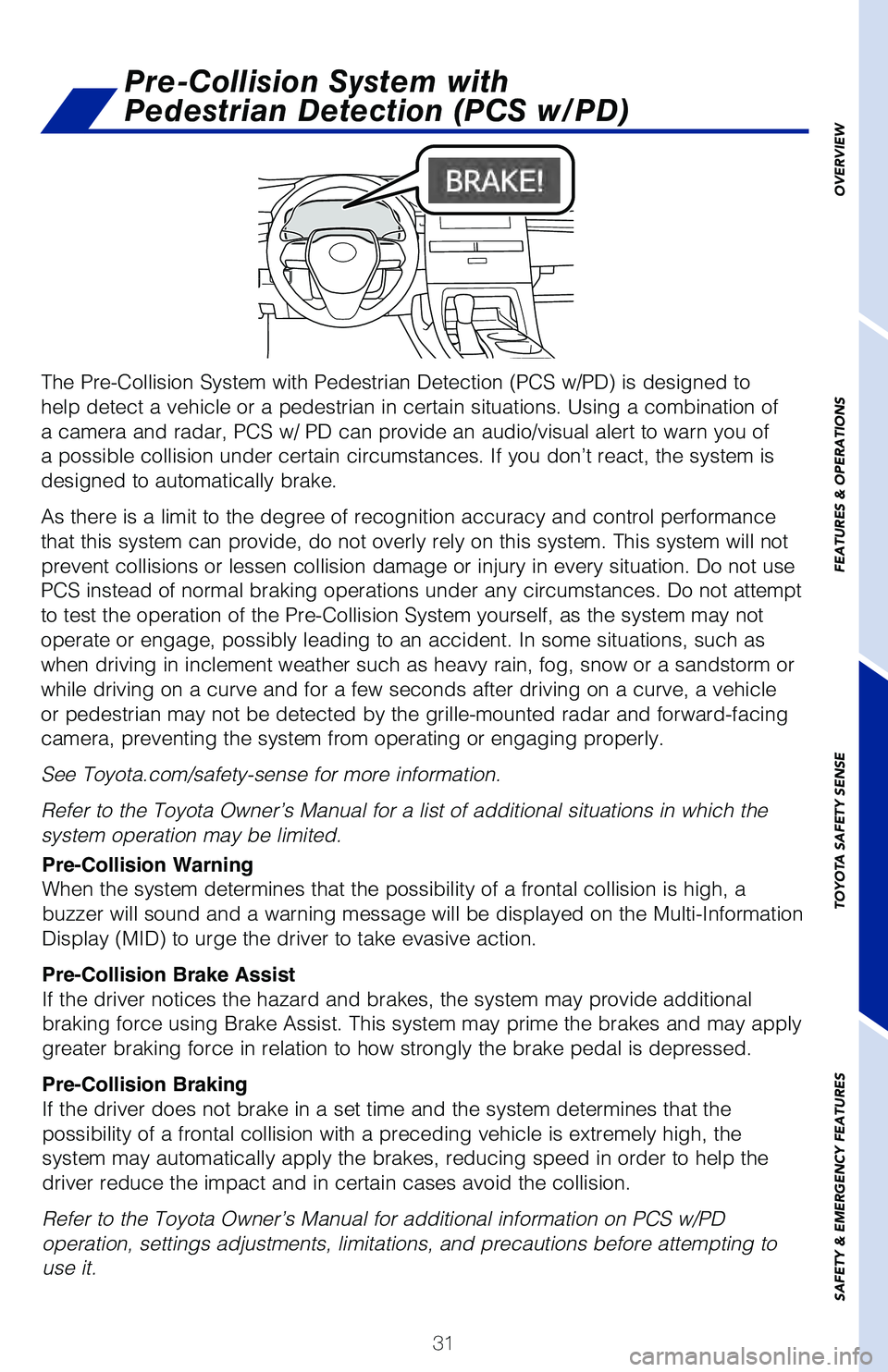 TOYOTA AVALON HYBRID 2021 (in English) Owners Guide 31
Pre-Collision System with
Pedestrian Detection (PCS w/PD)
OVERVIEW
FEATURES & OPERATIONS
TOYOTA SAFETY SENSE
SAFETY & EMERGENCY FEATURES
The Pre-Collision System with Pedestrian Detection (PCS w/ TOYOTA AVALON HYBRID 2021 (in English) Owners Guide 31
Pre-Collision System with
Pedestrian Detection (PCS w/PD)
OVERVIEW
FEATURES & OPERATIONS
TOYOTA SAFETY SENSE
SAFETY & EMERGENCY FEATURES
The Pre-Collision System with Pedestrian Detection (PCS w/
