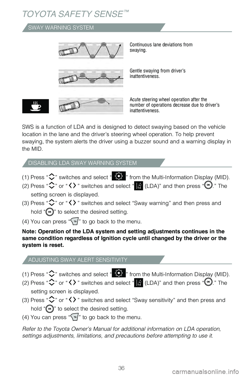 TOYOTA AVALON HYBRID 2021 (in English) Owners Guide 36
TOYOTA SAFETY SENSE™
SWAY WARNING SYSTEM
SWS is a function of LDA and is designed to detect swaying based on the \
vehicle
location in the lane and the driver’s steering wheel operation. To he TOYOTA AVALON HYBRID 2021 (in English) Owners Guide 36
TOYOTA SAFETY SENSE™
SWAY WARNING SYSTEM
SWS is a function of LDA and is designed to detect swaying based on the \
vehicle
location in the lane and the driver’s steering wheel operation. To he