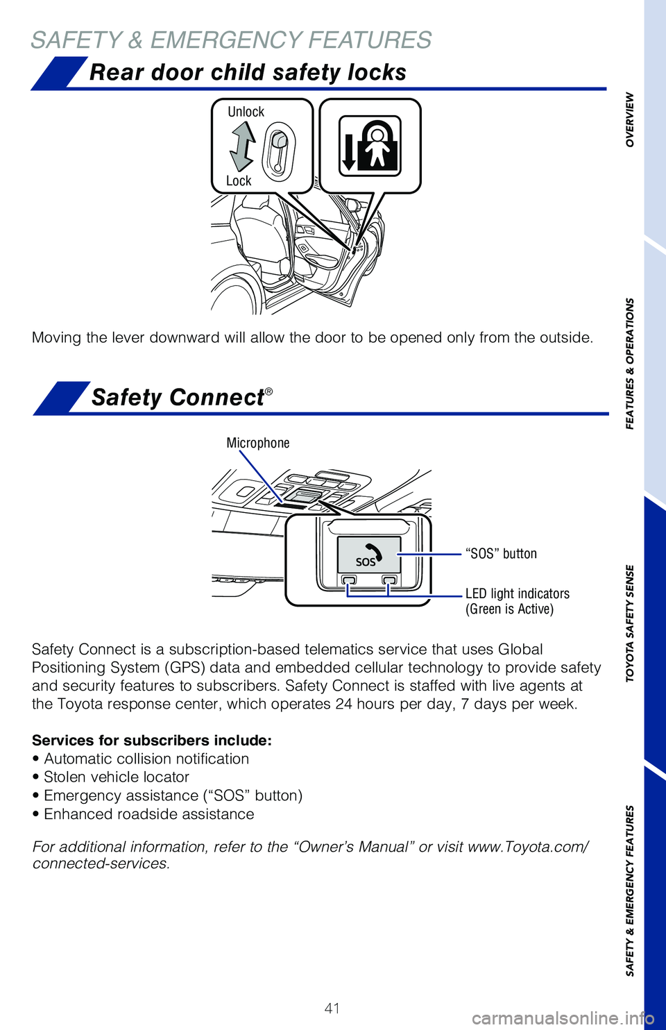 TOYOTA AVALON HYBRID 2021 (in English) Service Manual 41
Moving the lever downward will allow the door to be opened only from the\
outside.
Safety Connect®
Safety Connect is a subscription-based telematics service that uses Glob\
al
Positioning Syste TOYOTA AVALON HYBRID 2021 (in English) Service Manual 41
Moving the lever downward will allow the door to be opened only from the\
outside.
Safety Connect®
Safety Connect is a subscription-based telematics service that uses Glob\
al
Positioning Syste