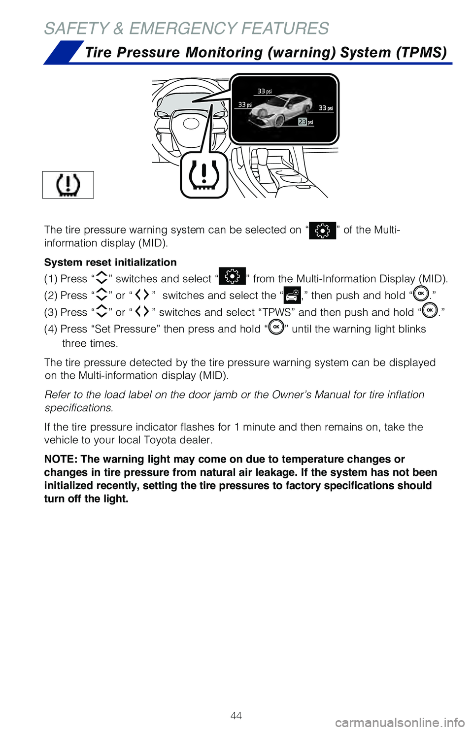 TOYOTA AVALON HYBRID 2021 (in English) Service Manual 44
SAFETY & EMERGENCY FEATURES
Tire Pressure Monitoring (warning) System (TPMS)
The tire pressure warning system can be selected on “” of the Multi-
information display (MID).
System reset initial TOYOTA AVALON HYBRID 2021 (in English) Service Manual 44
SAFETY & EMERGENCY FEATURES
Tire Pressure Monitoring (warning) System (TPMS)
The tire pressure warning system can be selected on “” of the Multi-
information display (MID).
System reset initial