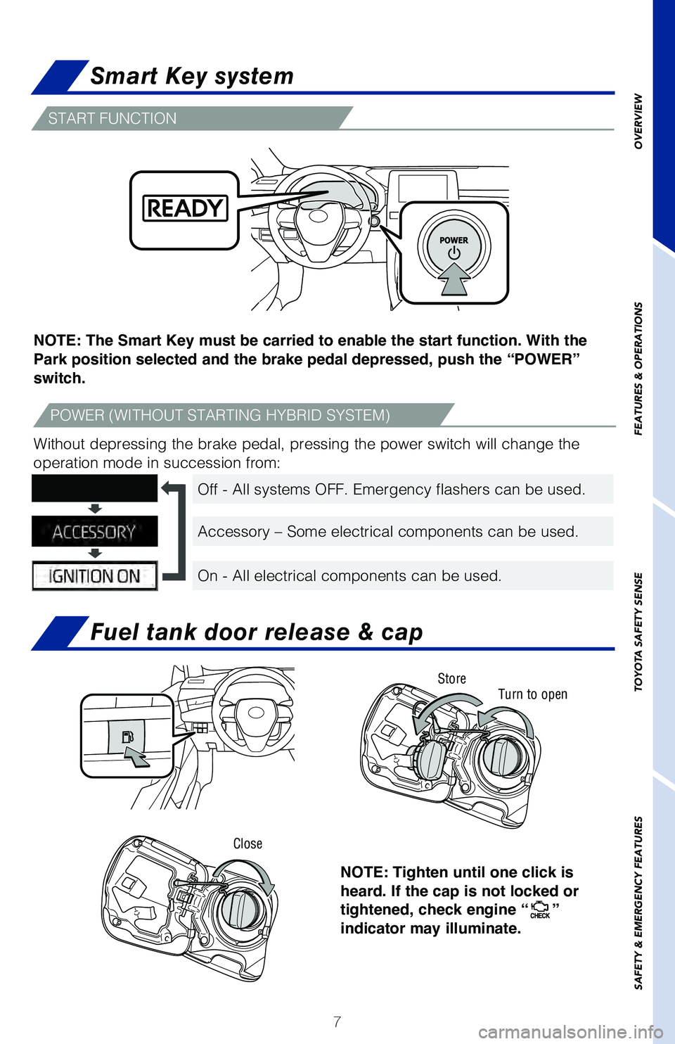 TOYOTA AVALON HYBRID 2021 Owners Manual (in English) 7
Smart Key system
Fuel tank door release & cap
Without depressing the brake pedal, pressing the power switch will chang\
e the
operation mode in succession from:
NOTE: The Smart Key must be carried TOYOTA AVALON HYBRID 2021 Owners Manual (in English) 7
Smart Key system
Fuel tank door release & cap
Without depressing the brake pedal, pressing the power switch will chang\
e the
operation mode in succession from:
NOTE: The Smart Key must be carried