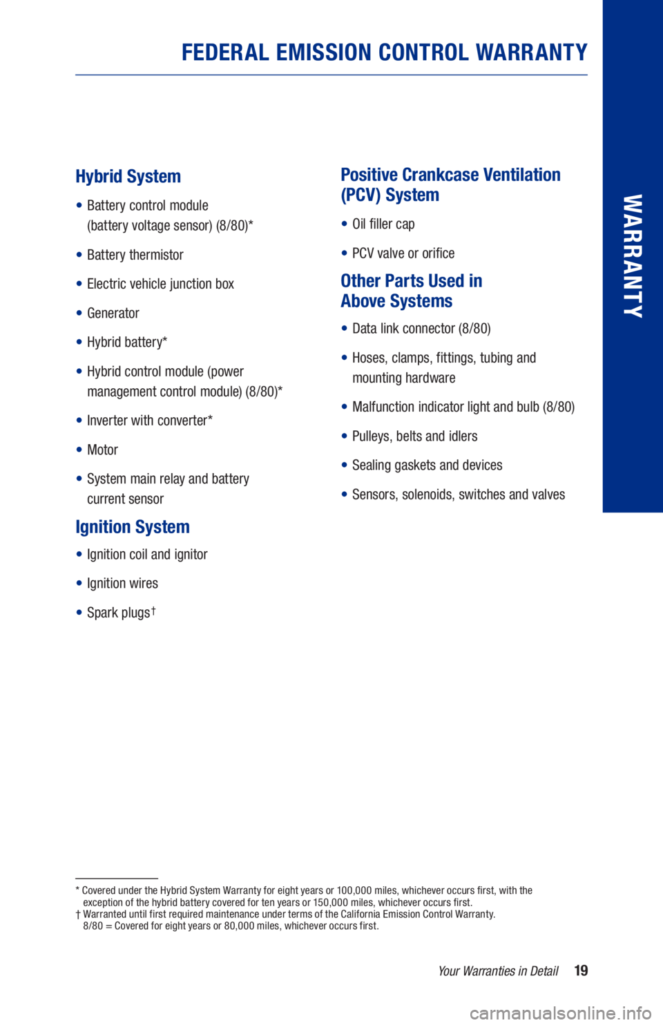 TOYOTA AVALON HYBRID 2021  Warranties & Maintenance Guides (in English) 19Your Warranties in Detail
WARRANTYHybrid System
• Battery control module   
(battery voltage sensor) (8/80)*
•  Battery thermistor
•  Electric vehicle junction box
•  Generator
•  Hybrid b