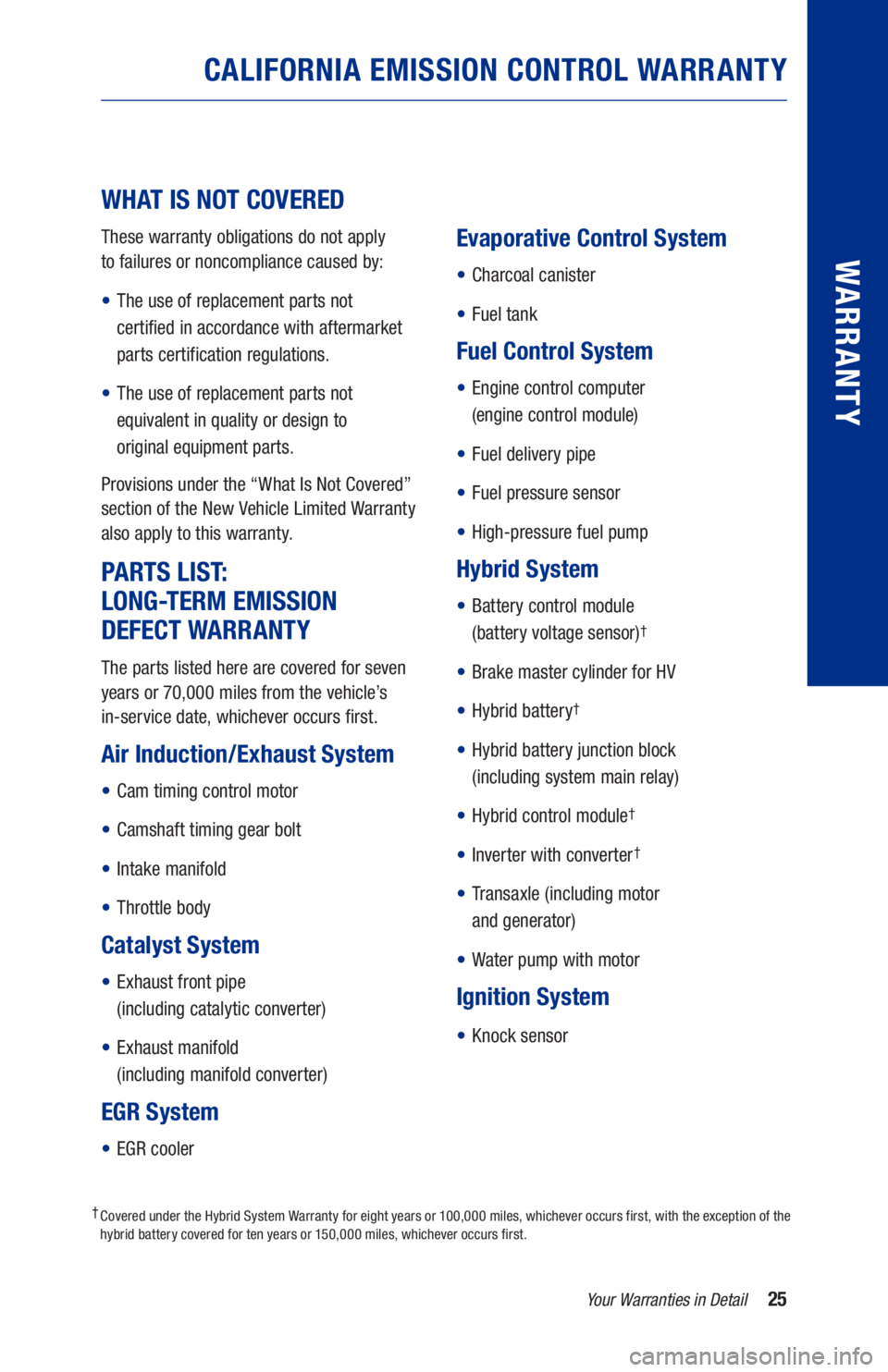 TOYOTA AVALON HYBRID 2021  Warranties & Maintenance Guides (in English) 25Your Warranties in Detail
WARRANTY
CALIFORNIA EMISSION CONTROL WARRANTY
WHAT IS NOT COVERED 
These warranty obligations do not apply  
to failures or noncompliance caused by:
•  The use of replace