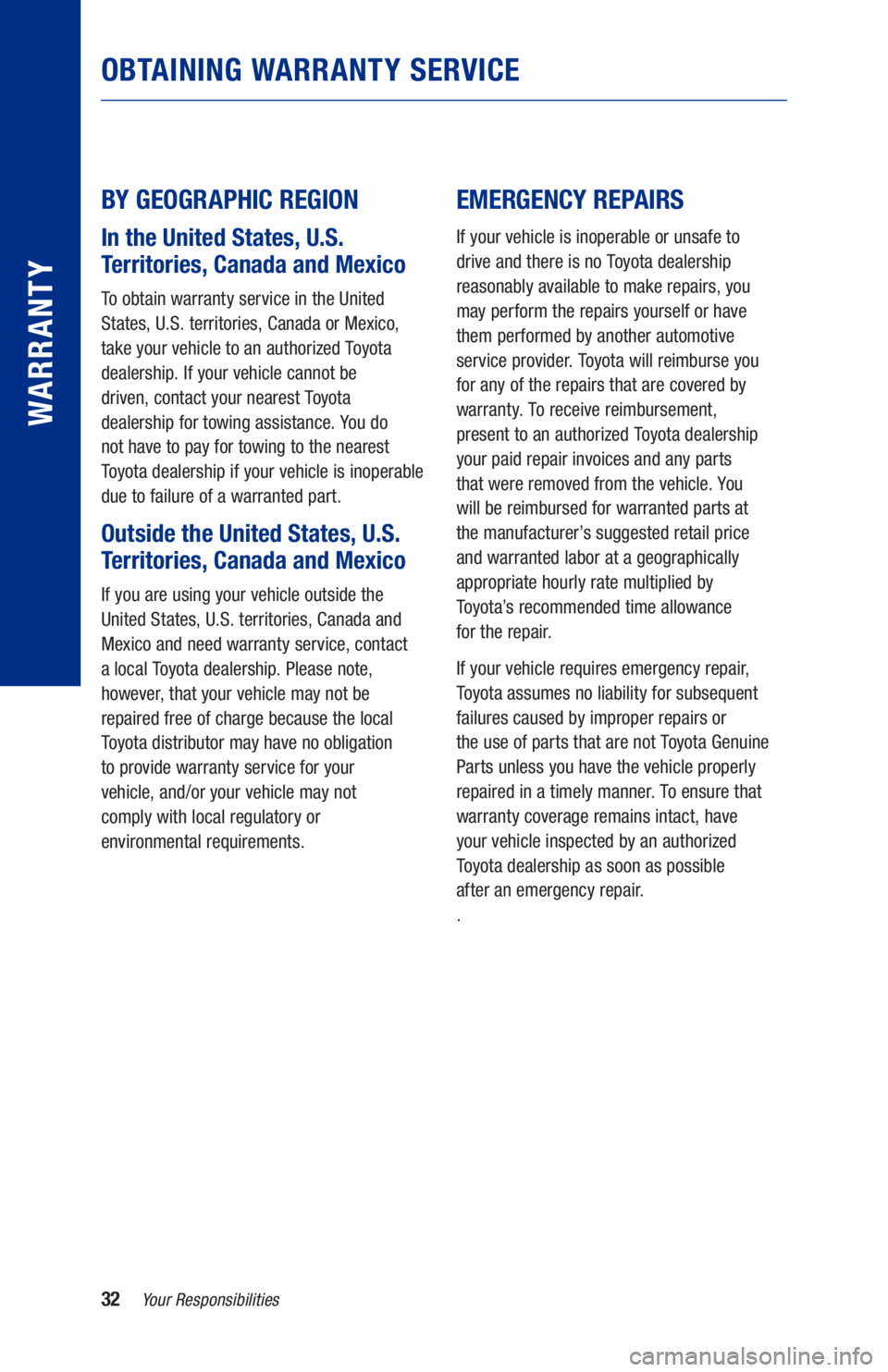 TOYOTA AVALON HYBRID 2021  Warranties & Maintenance Guides (in English) 32Your Responsibilities
WARRANTY
BY GEOGRAPHIC REGION 
In the United States, U.S. 
Territories, Canada and Mexico
To obtain warranty service in the United 
States, U.S. territories, Canada or Mexico, 