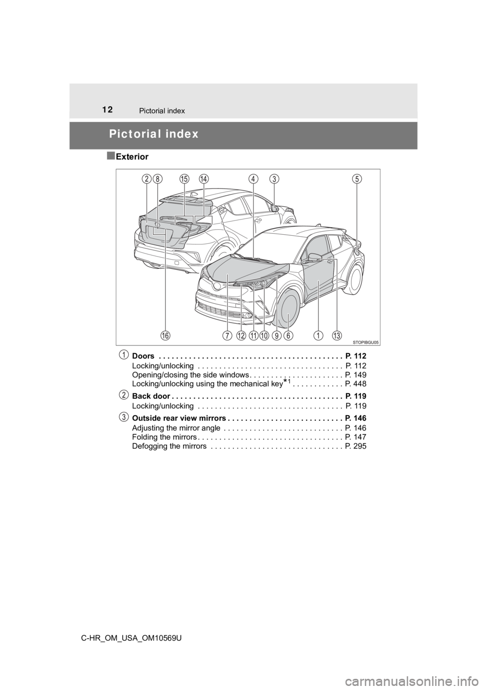 TOYOTA C-HR 2019   (in English) User Guide 12Pictorial index
C-HR_OM_USA_OM10569U
Pictorial index
■
Exterior
Doors  . . . . . . . . . . . . . . . . . . . . . . . . . . . . . . . . . . . . . . . . . . .  P. 112
Locking/unlocking  . . . . . . 