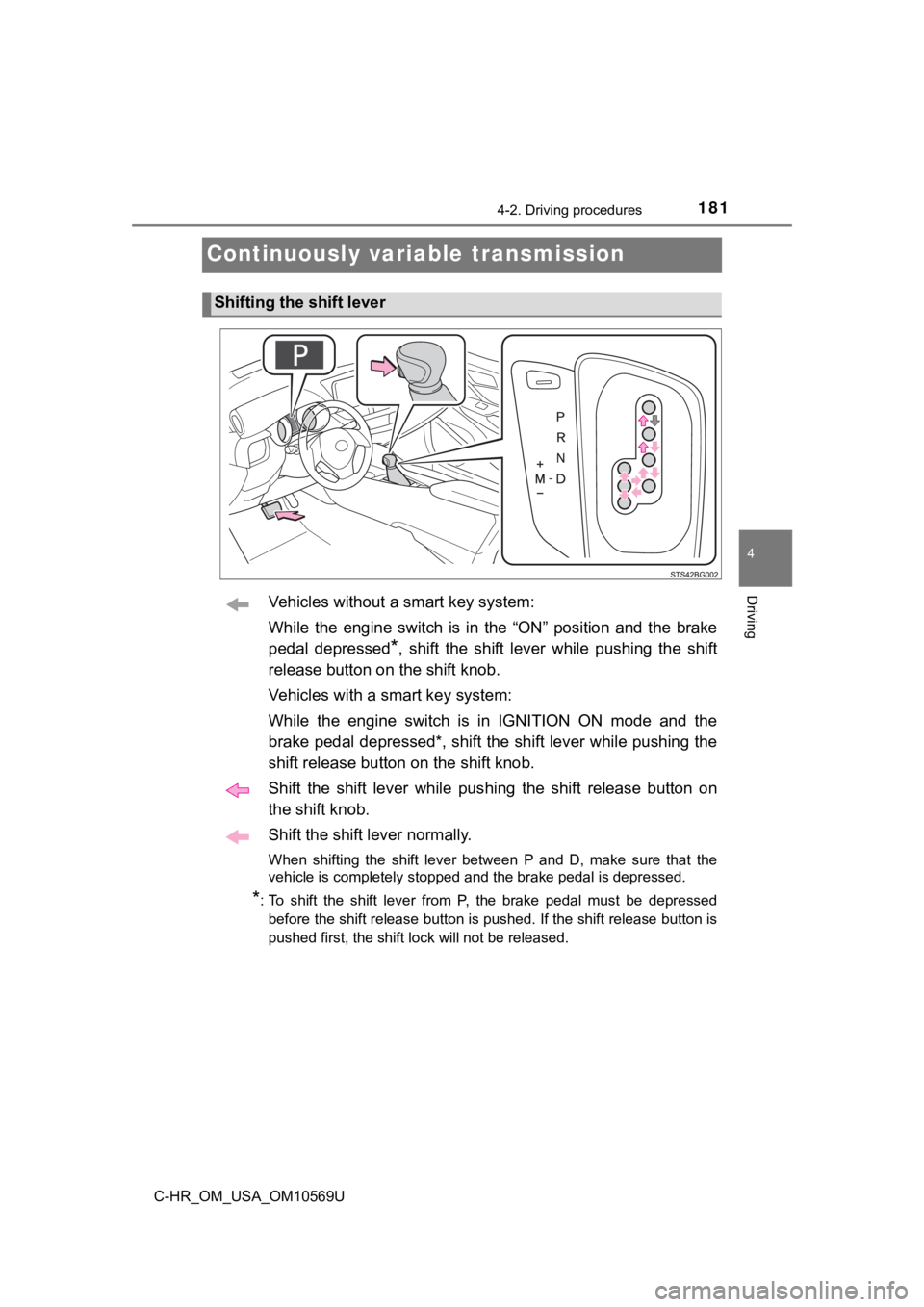 TOYOTA C-HR 2019 Owners Manual (in English) 1814-2. Driving procedures
4
Driving
C-HR_OM_USA_OM10569U
Continuously variable transmission
Vehicles without a smart key system:
While the engine switch is in the “ON” position and the TOYOTA C-HR 2019 Owners Manual (in English) 1814-2. Driving procedures
4
Driving
C-HR_OM_USA_OM10569U
Continuously variable transmission
Vehicles without a smart key system:
While the engine switch is in the “ON” position and the