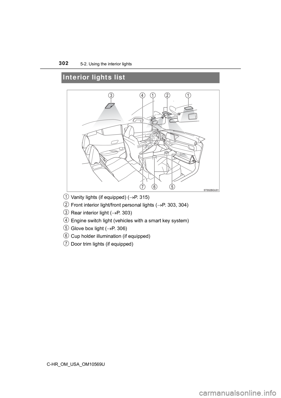 TOYOTA C-HR 2019  Owners Manual (in English) 3025-2. Using the interior lights
C-HR_OM_USA_OM10569U
Interior lights list
Vanity lights (if equipped) ( P. 315)
Front interior light/fr ont personal lights ( P. 303, 304)
Rear interior light (