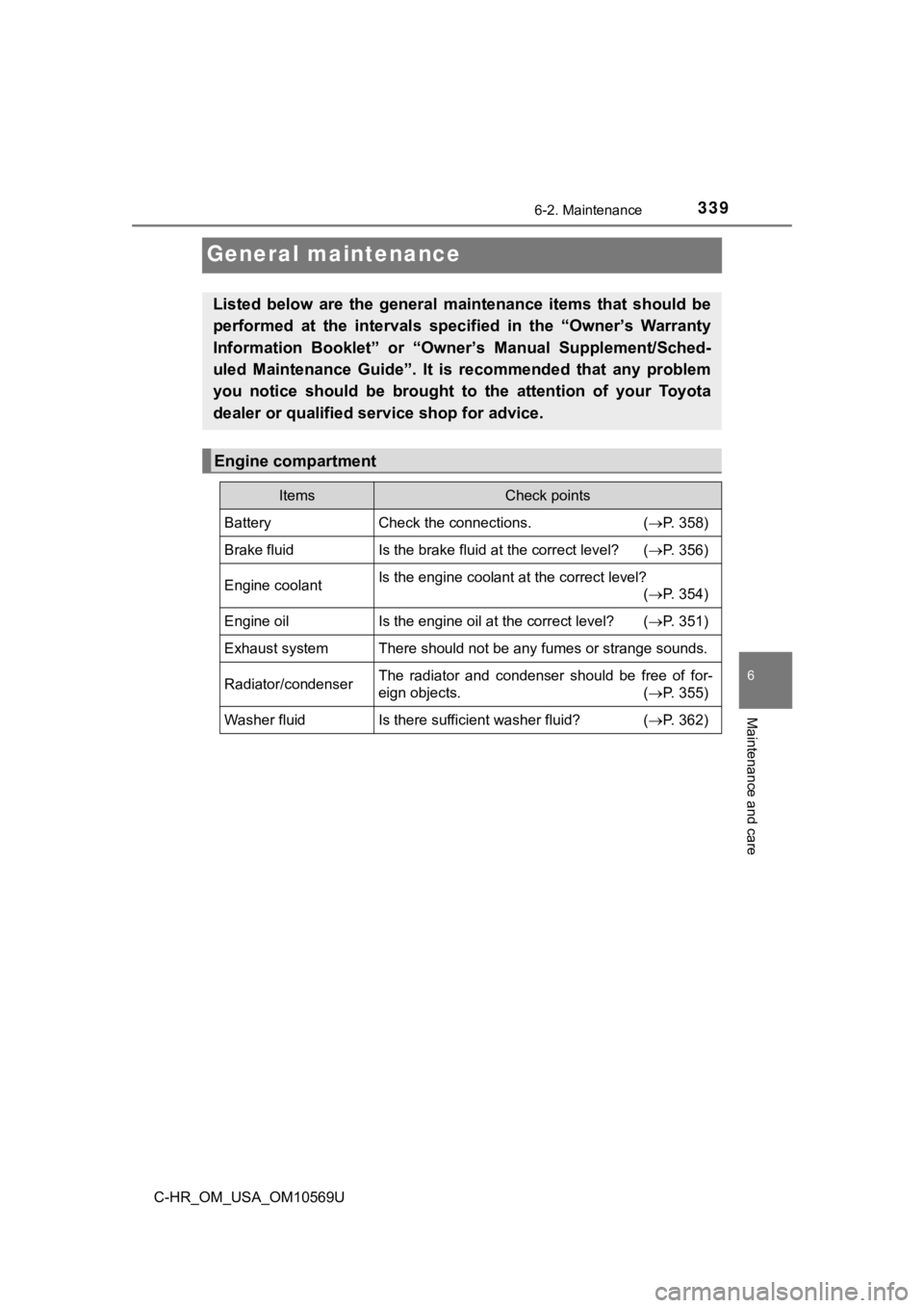TOYOTA C-HR 2019  Owners Manual (in English) 3396-2. Maintenance
6
Maintenance and care
C-HR_OM_USA_OM10569U
General maintenance
Listed  below  are  the  general  maintenance  items  that  should  be
performed  at  the  intervals  specified  in 