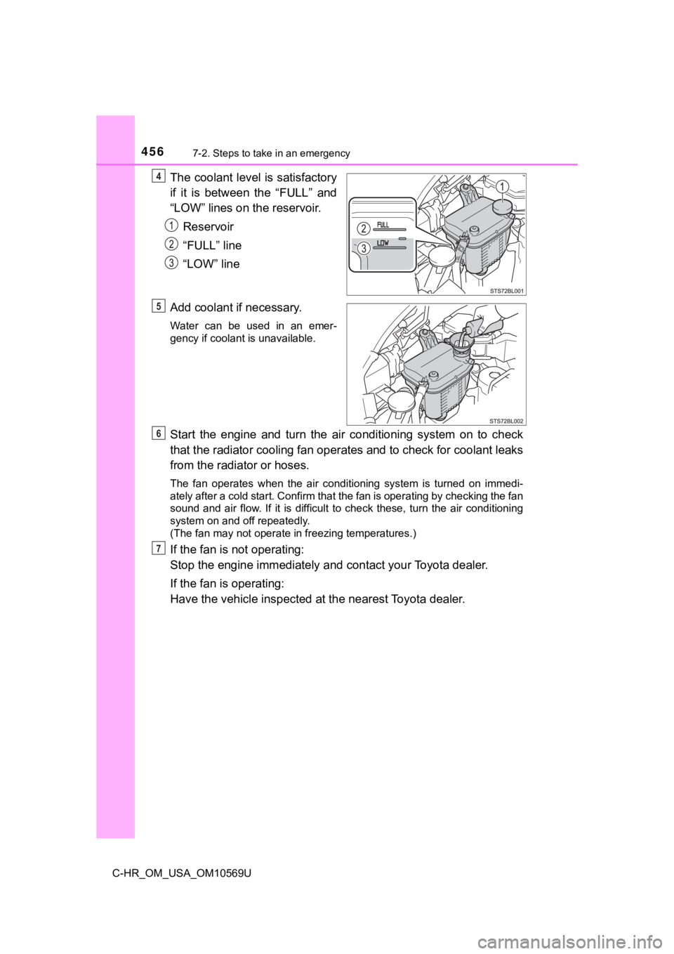 TOYOTA C-HR 2019 Owners Manual (in English) 4567-2. Steps to take in an emergency
C-HR_OM_USA_OM10569U
The coolant level is satisfactory
if it is between the “FULL” and
“LOW” lines on the reservoir.Reservoir
“FULL” line
“LOW TOYOTA C-HR 2019 Owners Manual (in English) 4567-2. Steps to take in an emergency
C-HR_OM_USA_OM10569U
The coolant level is satisfactory
if it is between the “FULL” and
“LOW” lines on the reservoir.Reservoir
“FULL” line
“LOW