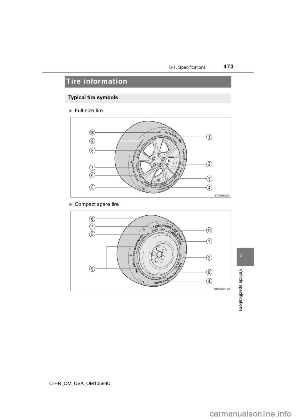 TOYOTA C-HR 2019 Owners Manual (in English) 4738-1. Specifications
C-HR_OM_USA_OM10569U
8
Vehicle specifications
Tire information
Full-size tire
Compact spare tire
Typical tire symbols TOYOTA C-HR 2019 Owners Manual (in English) 4738-1. Specifications
C-HR_OM_USA_OM10569U
8
Vehicle specifications
Tire information
Full-size tire
Compact spare tire
Typical tire symbols