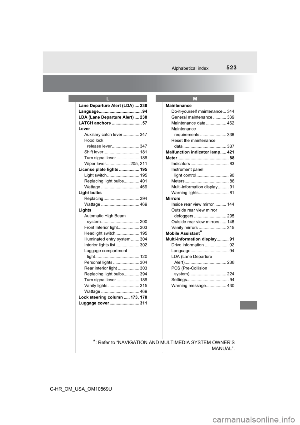 TOYOTA C-HR 2019 Owners Manual (in English) 523Alphabetical index
C-HR_OM_USA_OM10569U
Lane Departure Alert (LDA) .... 238
Language.................................... 94
LDA (Lane Departure Alert) .... 238
LATCH anchors ....................... TOYOTA C-HR 2019 Owners Manual (in English) 523Alphabetical index
C-HR_OM_USA_OM10569U
Lane Departure Alert (LDA) .... 238
Language.................................... 94
LDA (Lane Departure Alert) .... 238
LATCH anchors .......................