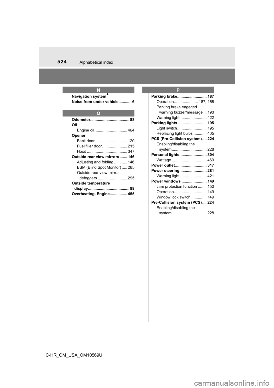 TOYOTA C-HR 2019 Owners Manual (in English) 524Alphabetical index
C-HR_OM_USA_OM10569U
Navigation system*
Noise from under vehicle............ 6
Odometer.................................... 88
OilEngine oil .............................. 464
Op TOYOTA C-HR 2019 Owners Manual (in English) 524Alphabetical index
C-HR_OM_USA_OM10569U
Navigation system*
Noise from under vehicle............ 6
Odometer.................................... 88
OilEngine oil .............................. 464
Op