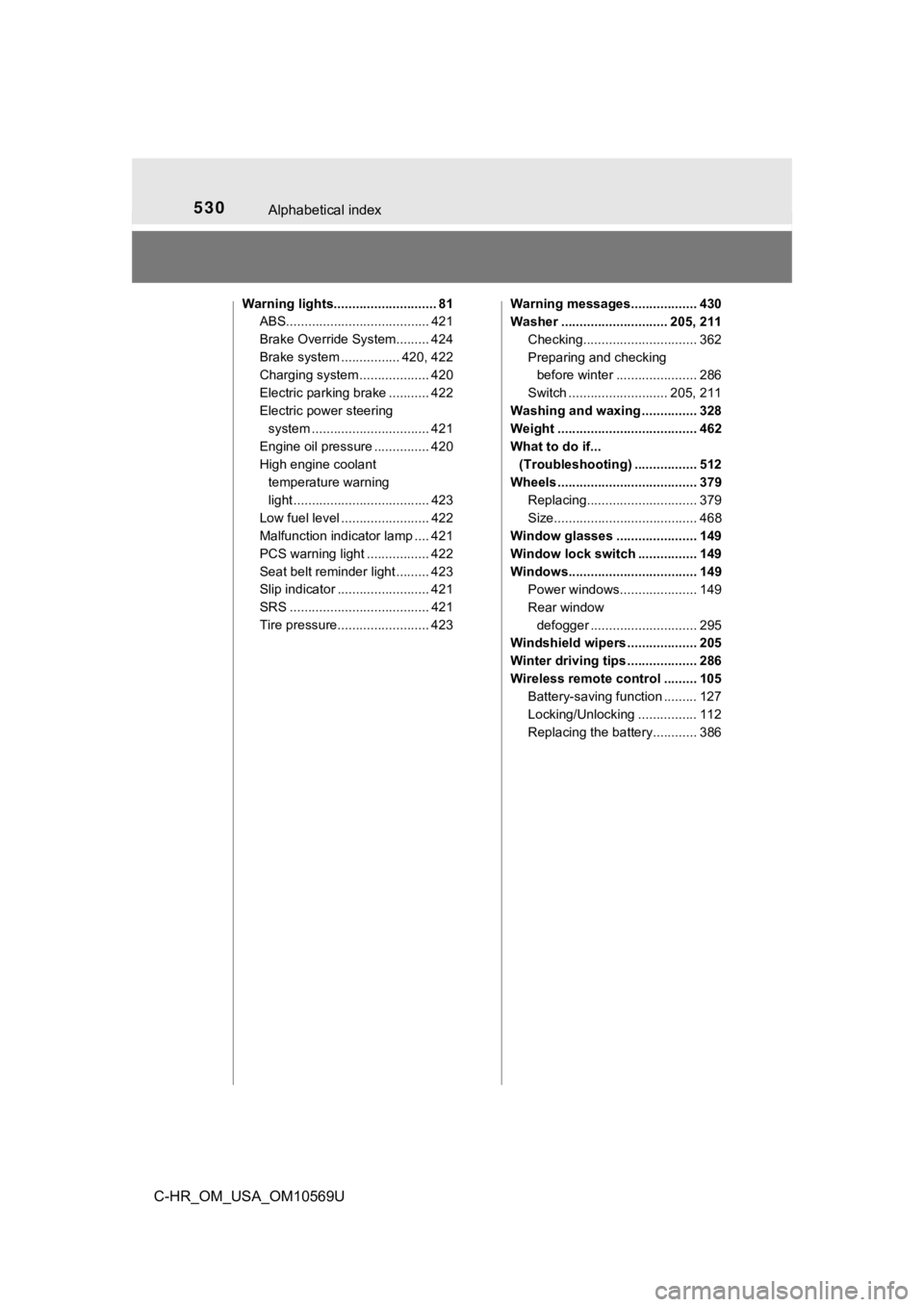 TOYOTA C-HR 2019 Owners Manual (in English) 530Alphabetical index
C-HR_OM_USA_OM10569U
Warning lights............................ 81ABS....................................... 421
Brake Override System......... 424
Brake system ....... ......... TOYOTA C-HR 2019 Owners Manual (in English) 530Alphabetical index
C-HR_OM_USA_OM10569U
Warning lights............................ 81ABS....................................... 421
Brake Override System......... 424
Brake system ....... .........
