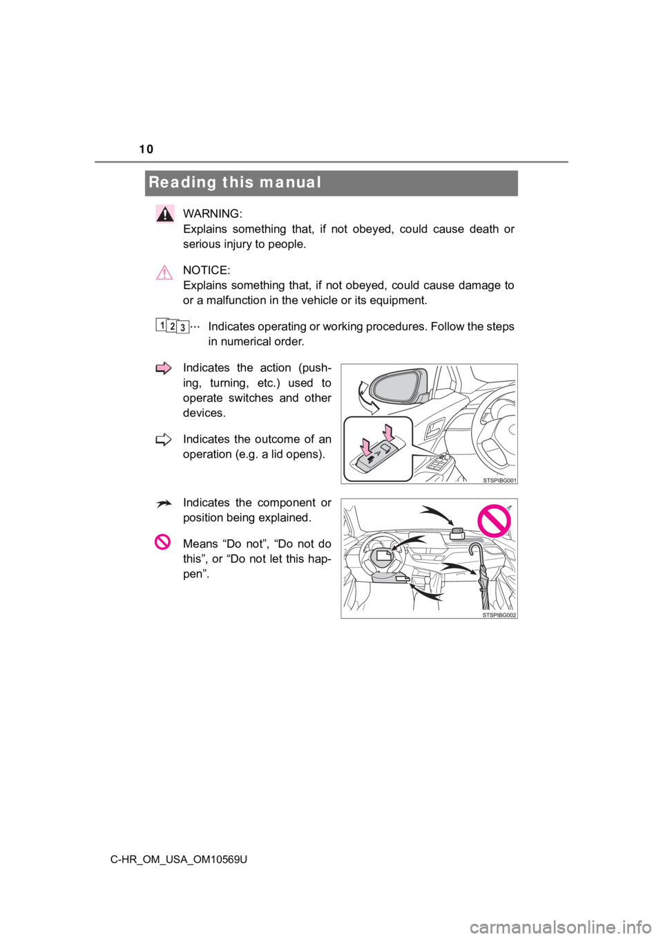 TOYOTA C-HR 2019  Owners Manual (in English) 10
C-HR_OM_USA_OM10569U
Reading this manual
WARNING: 
Explains  something  that,  if  not obeyed, could cause death or
serious injury to people.
NOTICE: 
Explains  something  that,  if  not  obeyed,  