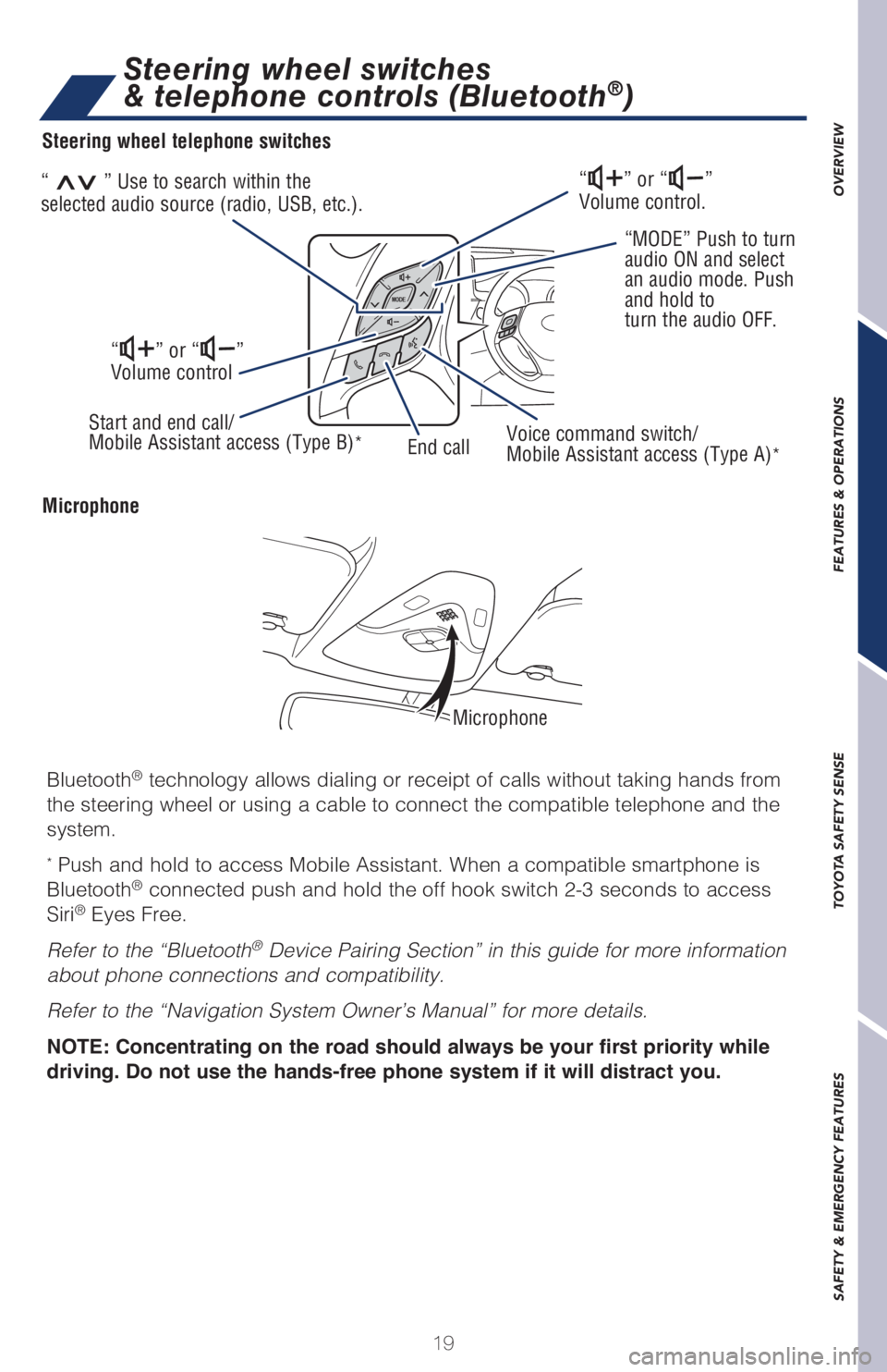 TOYOTA C-HR 2019   (in English) Owners Manual 19
OVERVIEW
FEATURES & OPERATIONS
TOYOTA SAFETY SENSE
SAFETY & EMERGENCY FEATURES
Bluetooth® technology allows dialing or receipt of calls without taking hands from\
 
the steering wheel or using a c