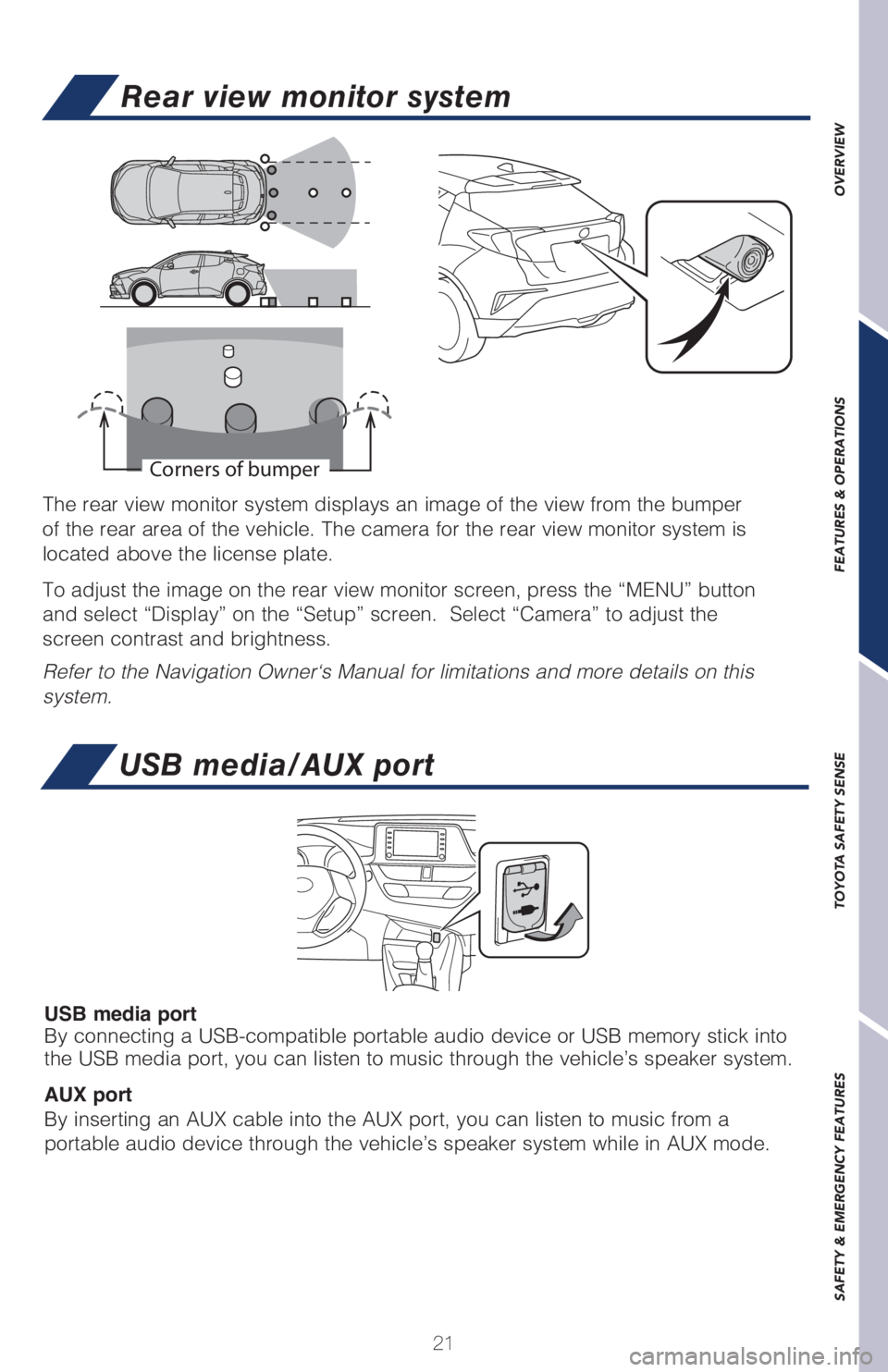 TOYOTA C-HR 2019   (in English) Owners Manual 21
OVERVIEW FEATURES & OPERATIONS TOYOTA SAFETY SENSE SAFETY & EMERGENCY FEATURES
The rear view monitor system displays an image of the view from the bumper 
of the rear area of the vehicle. The camer