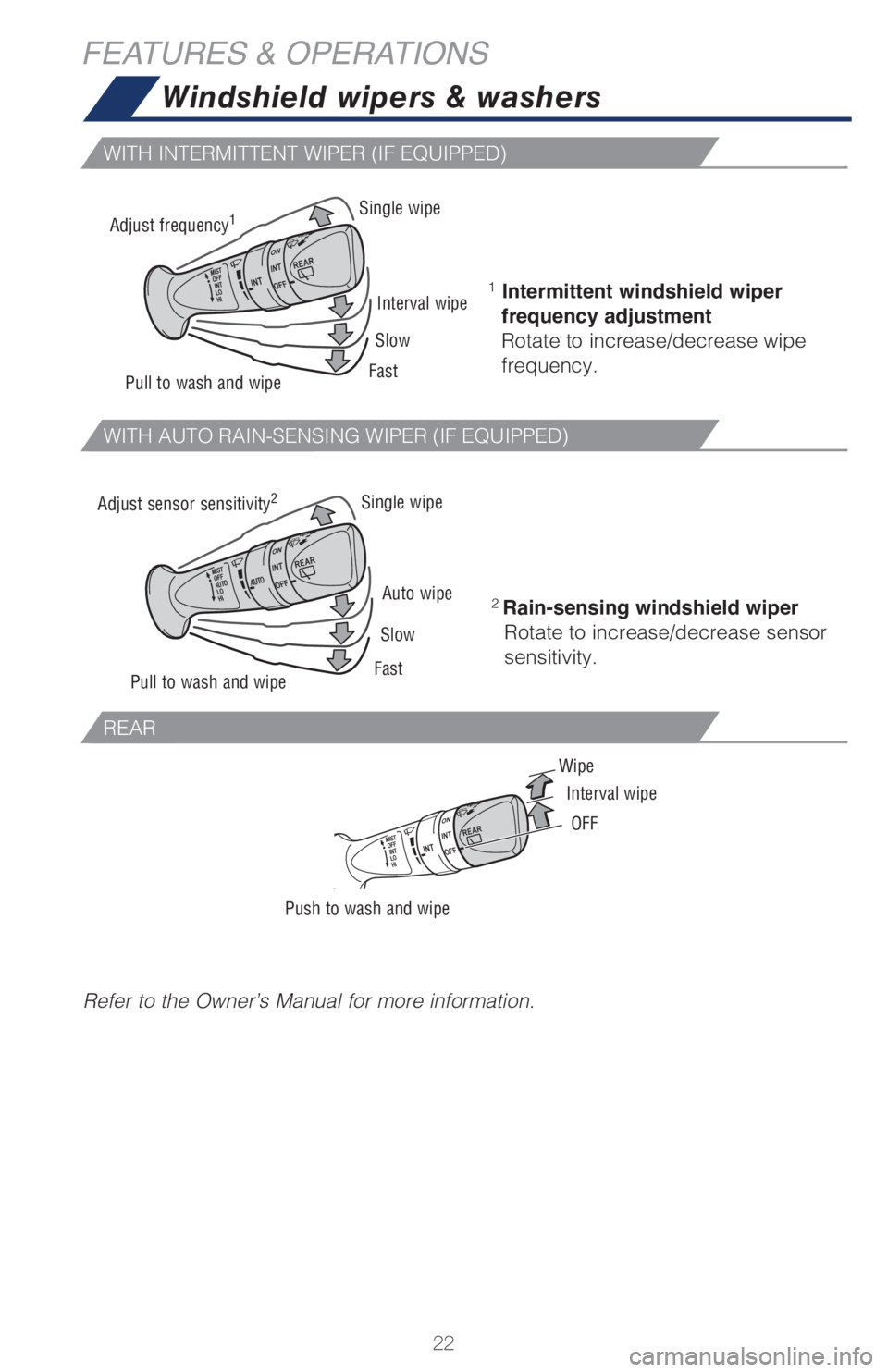 TOYOTA C-HR 2019   (in English) Owners Manual 22
FEATURES & OPERATIONS
Adjust sensor sensitivity2
Pull to wash and wipe
Push to wash and wipe
Single wipe
Auto wipe
Slow
Fast
1 Intermittent windshield wiper 
frequency adjustment  
Rotate to increa