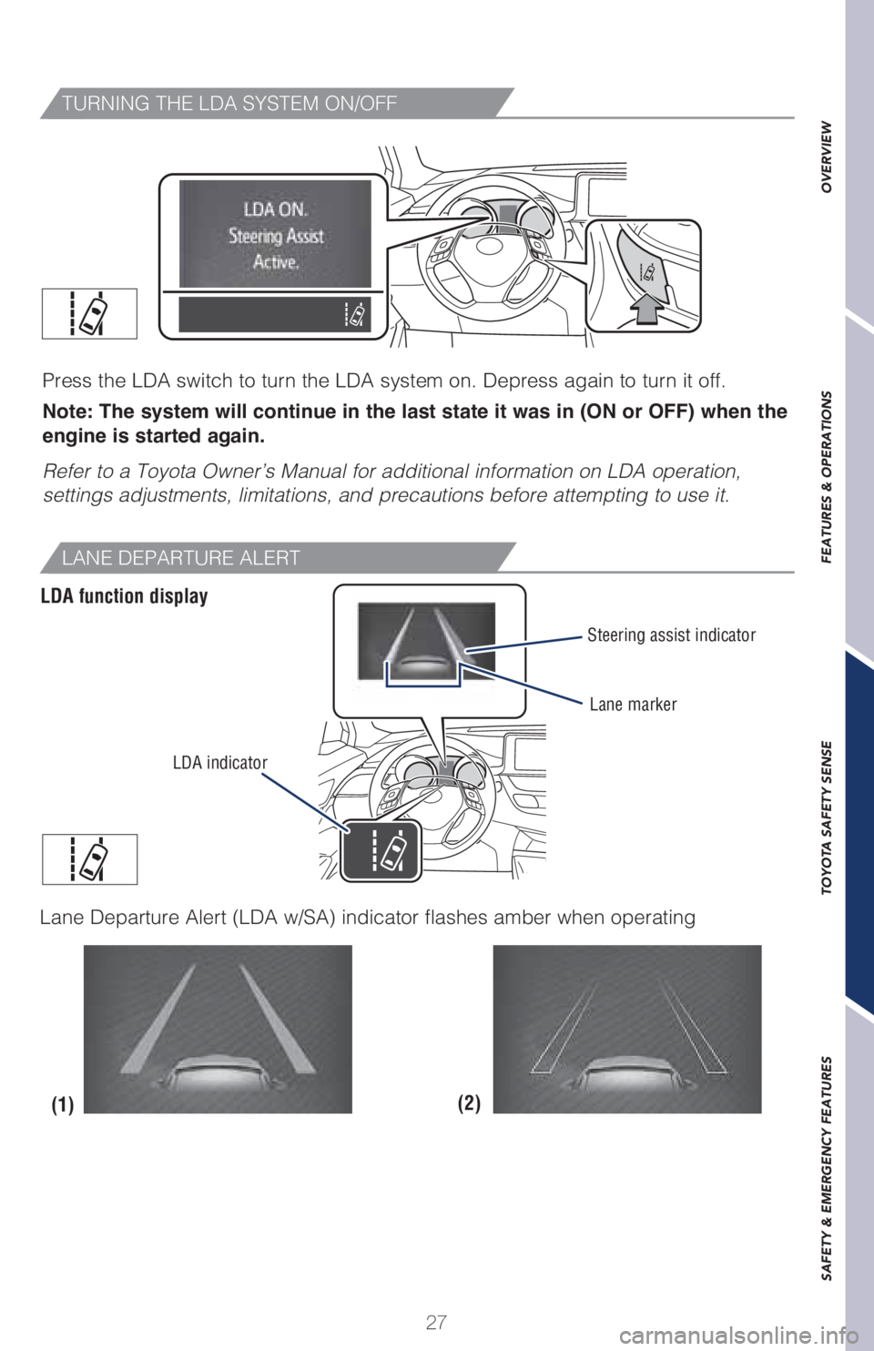TOYOTA C-HR 2019   (in English) Owners Manual 27
OVERVIEW FEATURES & OPERATIONS TOYOTA SAFETY SENSE SAFETY & EMERGENCY FEATURES
(2)
(1)
�5�6�3�/�*�/�(��5�)�&��-�%�"��4�:�4�5�&�.��0�/��0��
Press the LDA switch to turn the LDA system on. Dep