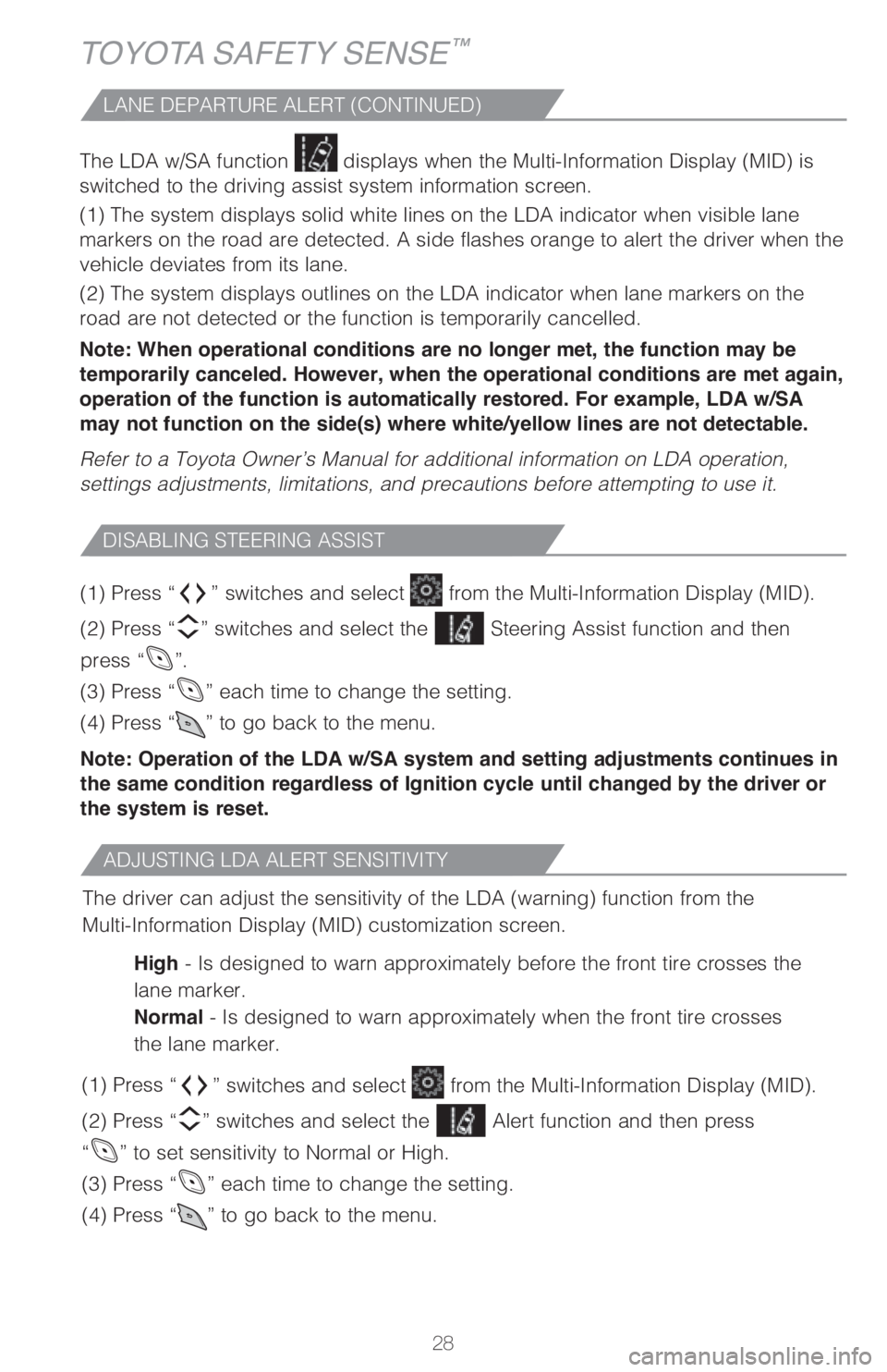 TOYOTA C-HR 2019   (in English) Owners Manual 28
The LDA w/SA function 
 displays when the Multi-Information Display (MID) is 
switched to the driving assist system information screen.
(1) The system displays solid white lines on the LDA indicato