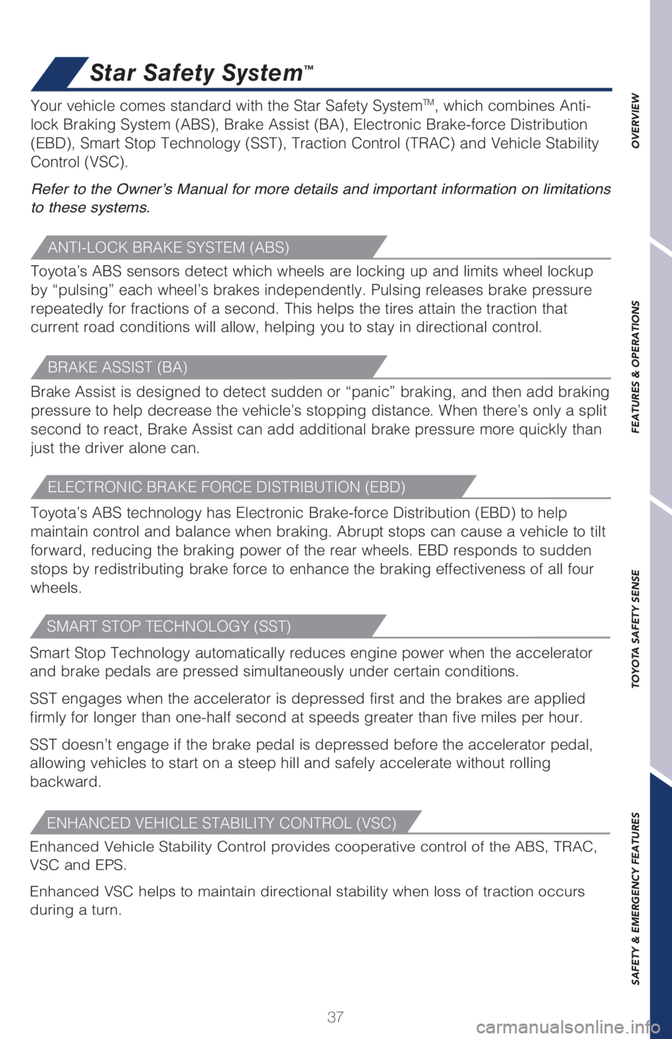 TOYOTA C-HR 2019   (in English) Owners Guide 37
OVERVIEW FEATURES & OPERATIONS TOYOTA SAFETY SENSE SAFETY & EMERGENCY FEATURES
�4�.�"�3�5��4�5�0�1��5�&�$�)�/�0�-�0�(�:��	�4�4�5�

Smart Stop Technology automatically reduces engine power when t